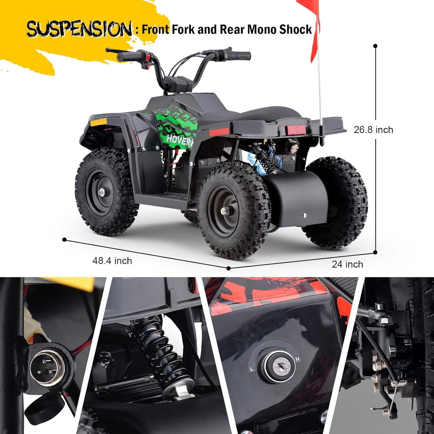 36V Electric 500W Motor 4-Wheeler with Front & Rear Suspension, IVFJFV Electric 4-wheel Off-Road Tires & Safety Flag & LED Headlights,Power Ride on Car for Age 8-14
