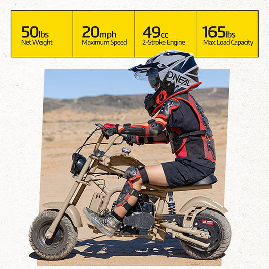 Aoemoe 49cc Gas Mini Chopper for Teens & Adults, Dirt Bike with Headlight, Rear Shock, Disc Brakes, 20MPH, Sand