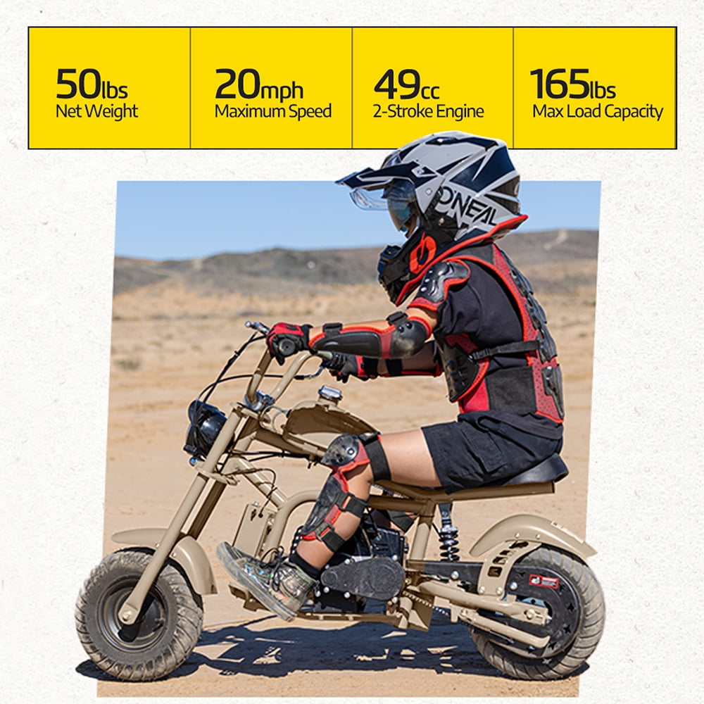 QEASET Gas Mini Chopper Bike, 40CC 4-Stroke Dirt Bike with Big Headlight, Rear Shock Absorber, Metal Frame, Disc Brakes, Max Load 165Lbs, Up to 20Mph, Sand