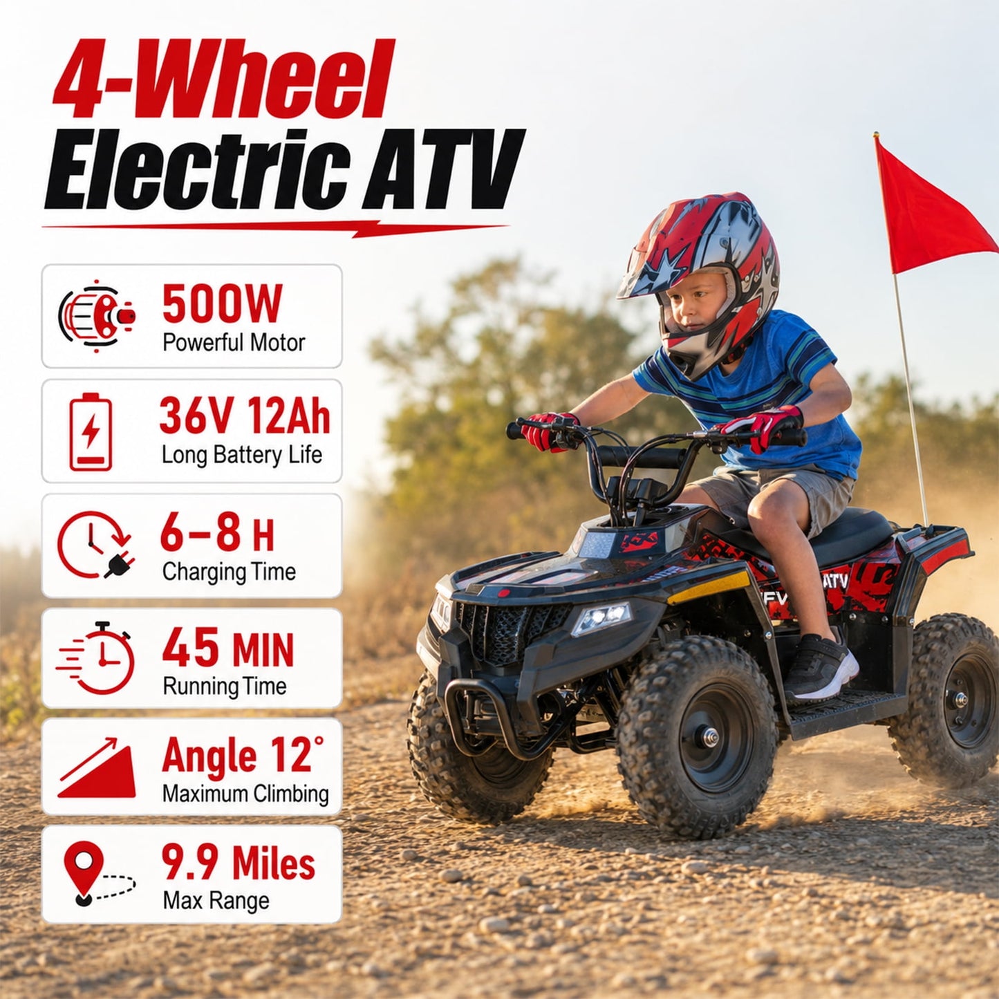 36V Electric Four Wheeler,IVFJFV 500W Four Wheel with Disc Brake Off-Road Ride On Vehicle, Dual Speed Lock &Dual Speed 10mph Low /15mph High All Terrain Ride On Vehicle for Teen Riders,RED