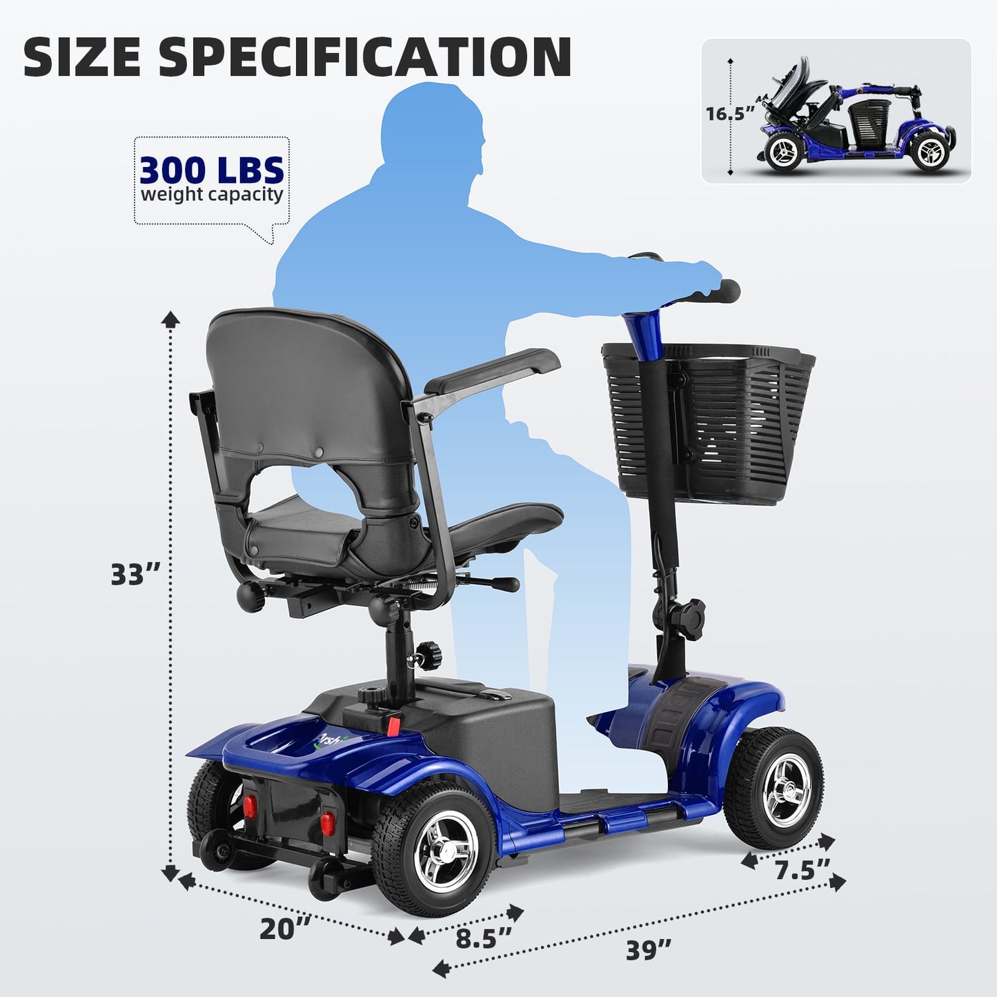 Arshin Mobility Scooter,4 Wheel Mobility Scooter for Adults,Senior,Electric Powered Wheelchair Chargeable Device for Travel,Blue