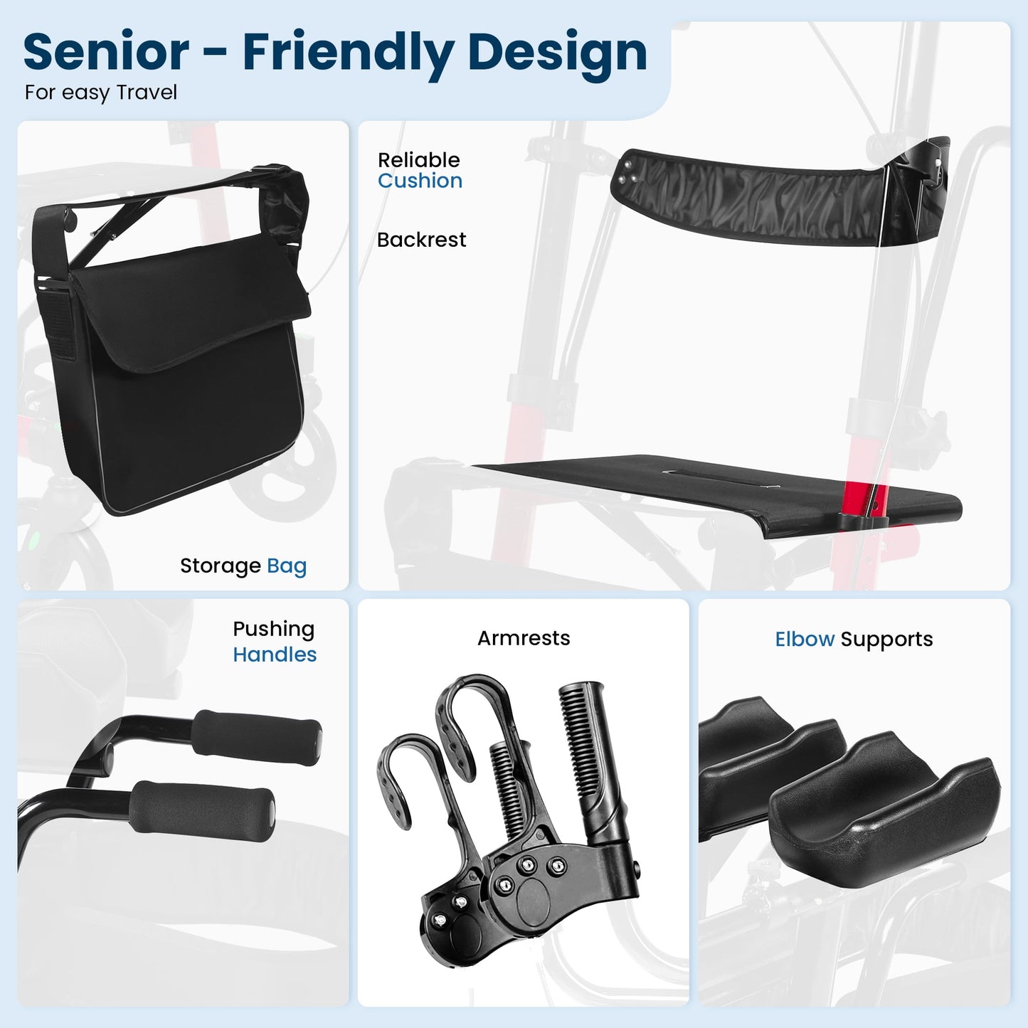 QEASET Folding Mobility Walkers, Convertible wheelchair, Red