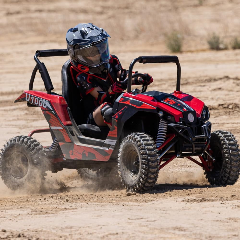 QEASET UTV Ride on Car (Large), 48V Shock Absorber Electric Vehicles with Disk Brake, Gear Switch, Steel Frame, Off-Road Tire, Flexible Seat Belt and Seat, Three-Speed Parental Limit-Lock Function