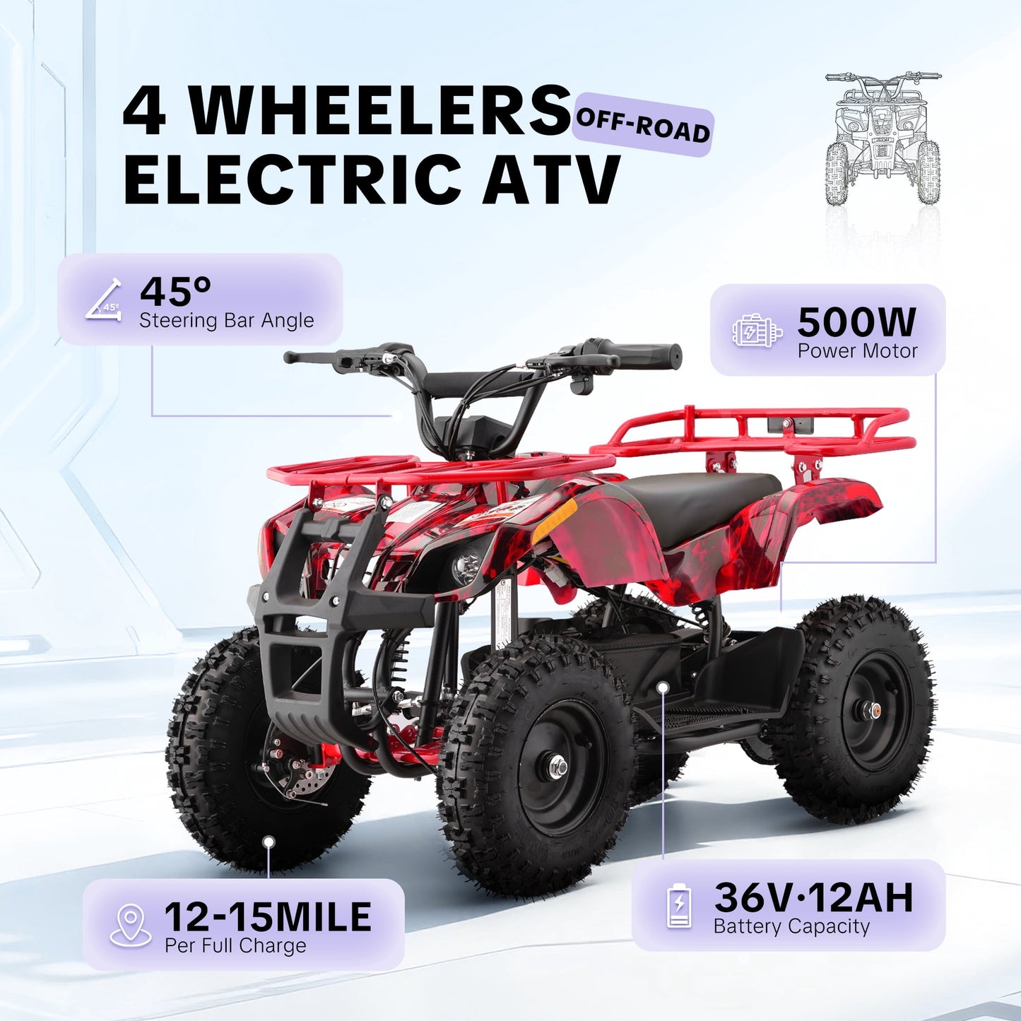 36V 500W Electric 4 Wheeler for age 12+,10/15 MPH Speed Adjustment,IVFJFV 12AH Battery Powered 4 Wheel with Safety Lock,Powered Ride-on Car Dual Shock Absorbers,LED Light,10" Off-Road Tires,Flame