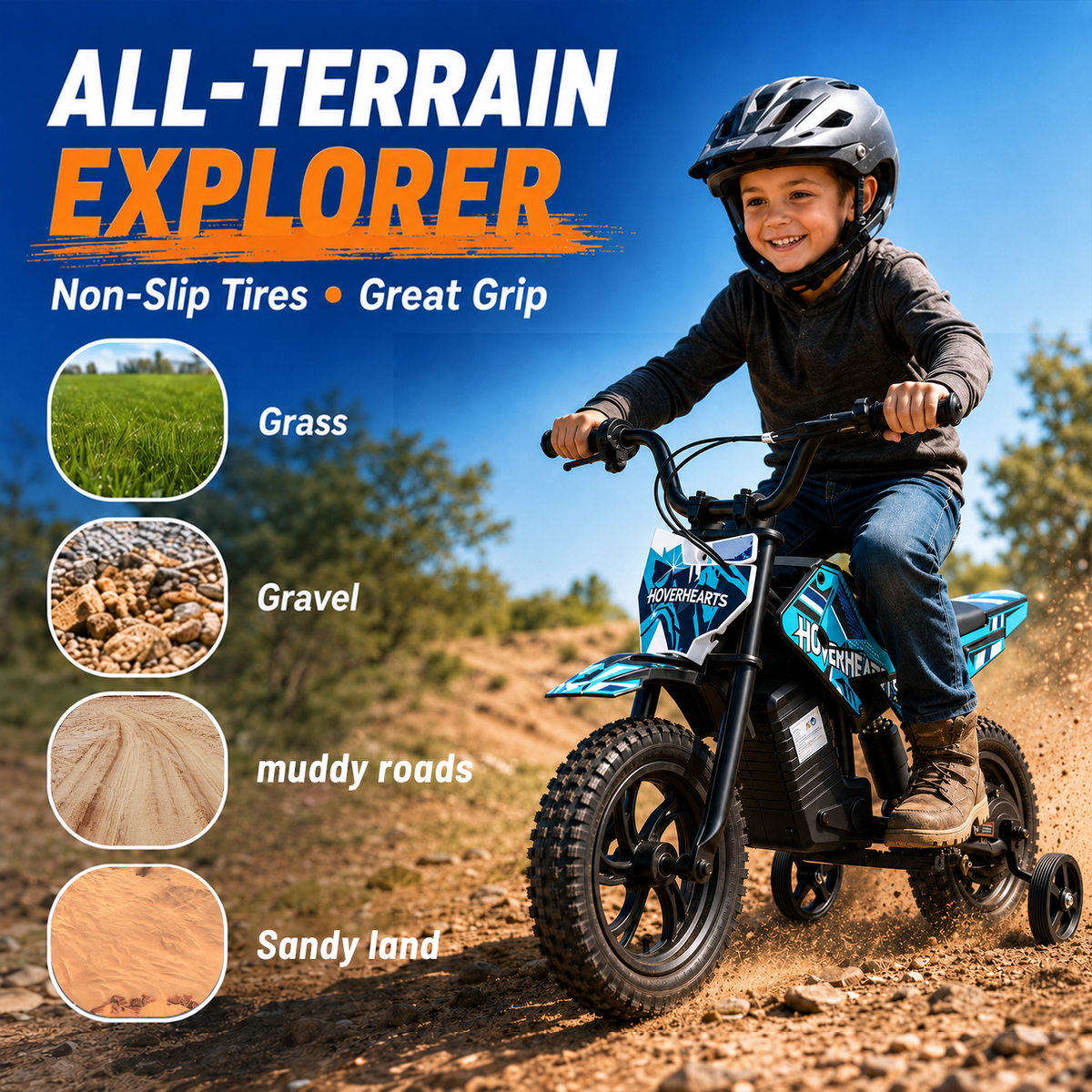 Aoemoe Electric Ride On Mini Bike for Beginners, 25.2V 2.6Ah Battery, Training Wheels & Rear Shock, 6.2 MPH Max Speed, All-Terrain Outdoor Toy, Teal Blue