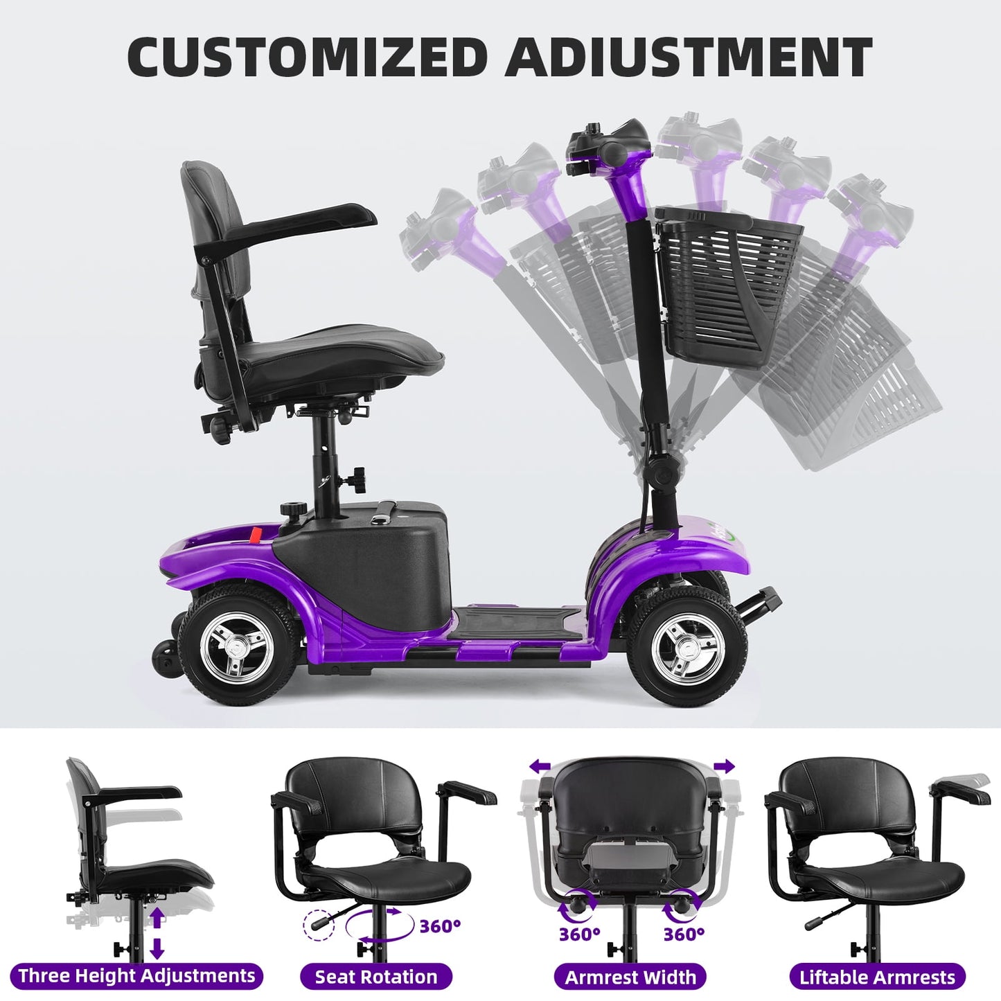 Arshin Mobility Scooters for Seniors,4 Wheels Mobility Scooters Lightweight and Portable,180W 24V Motor,Suitable for Travel,Adults,Elderly(Purple)
