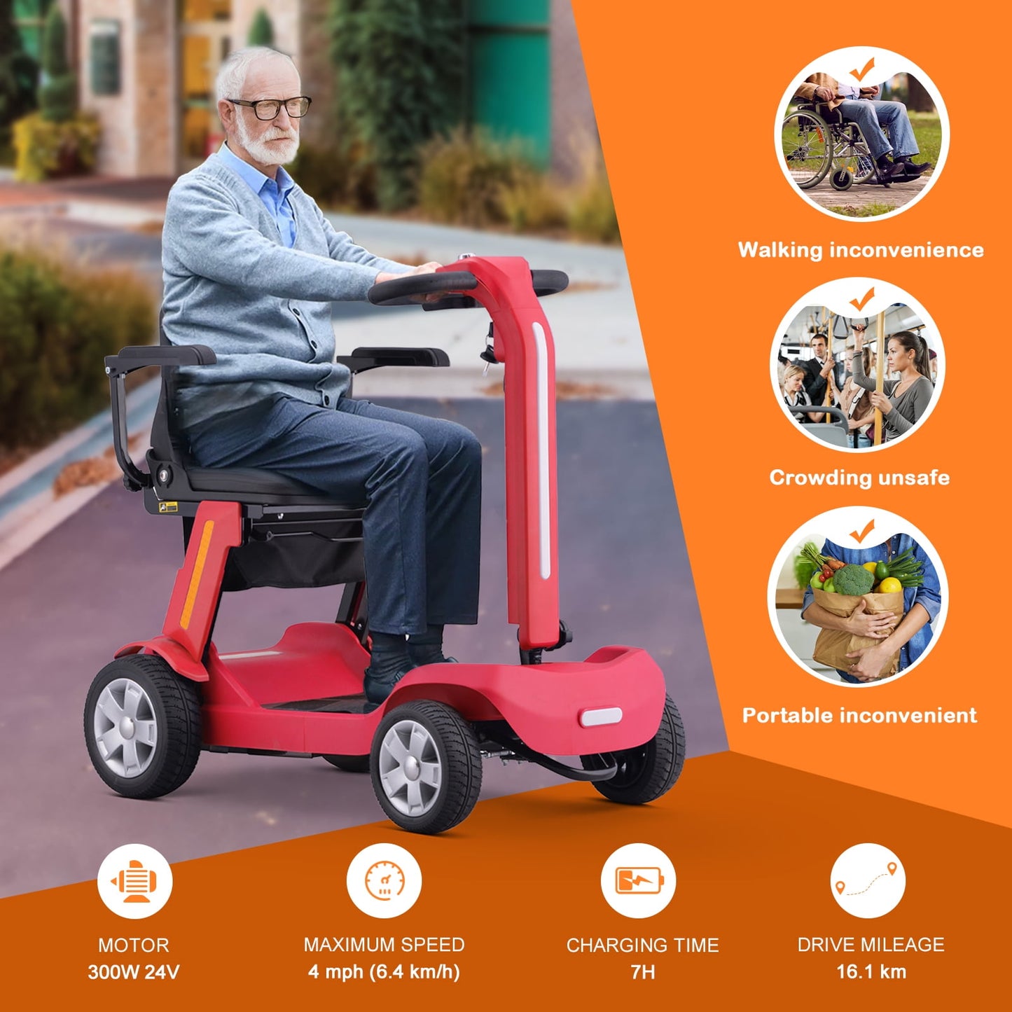 QEASET Foldable Mobility Scooter for Adults & Senior, 4 Wheels Powered Device for Travel, Lightweight and Portable, with LED Strip Light, Storage Bag, Charger Included, No Assemble Required, Red