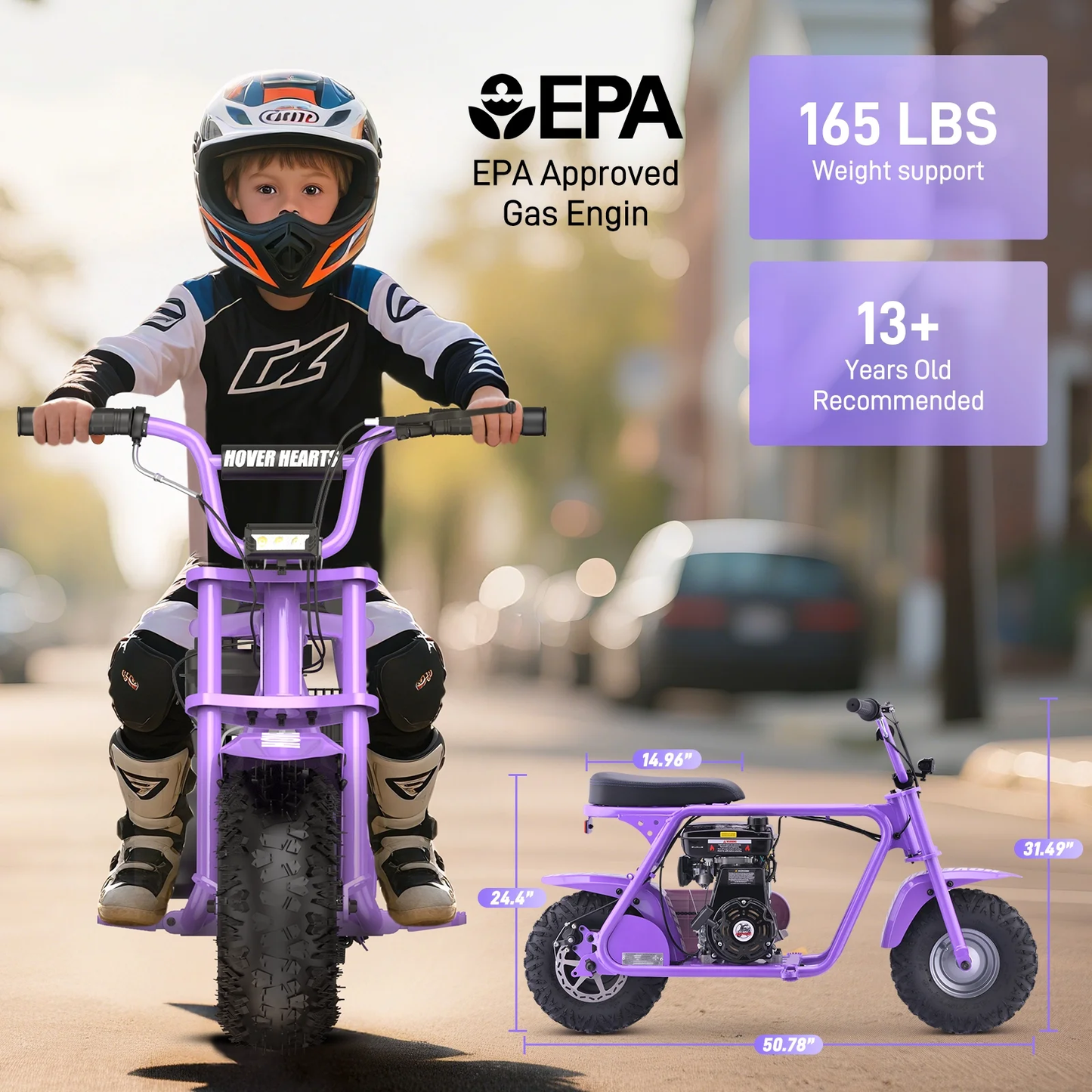 Aoemoe MB001 Gasoline Mini Dirt Bike,4-Stroke 18MPH Off Road Motorcycle, Weight Support Up to 165 LBS - Purple