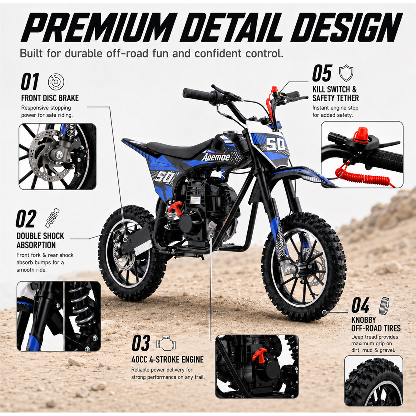 Aoemoe 39cc motor bike, 20mph gas dirt bikes for boys 8 12, Disc Brakes, Max Load 165Lbs, kids dirt bike, Blue