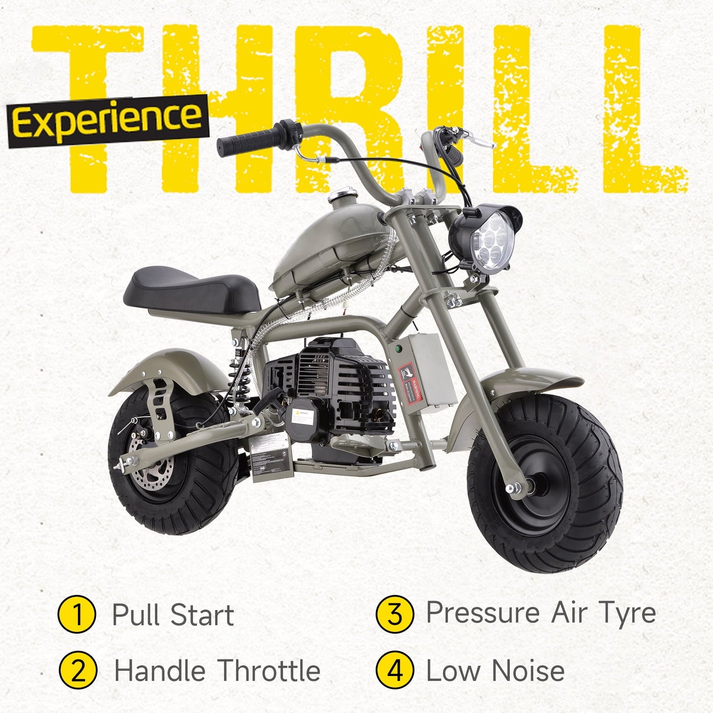 Aoemoe 49cc Gas Mini Chopper for Teens & Adults, Dirt Bike with Headlight, Rear Shock, Disc Brakes, 20MPH, Gary