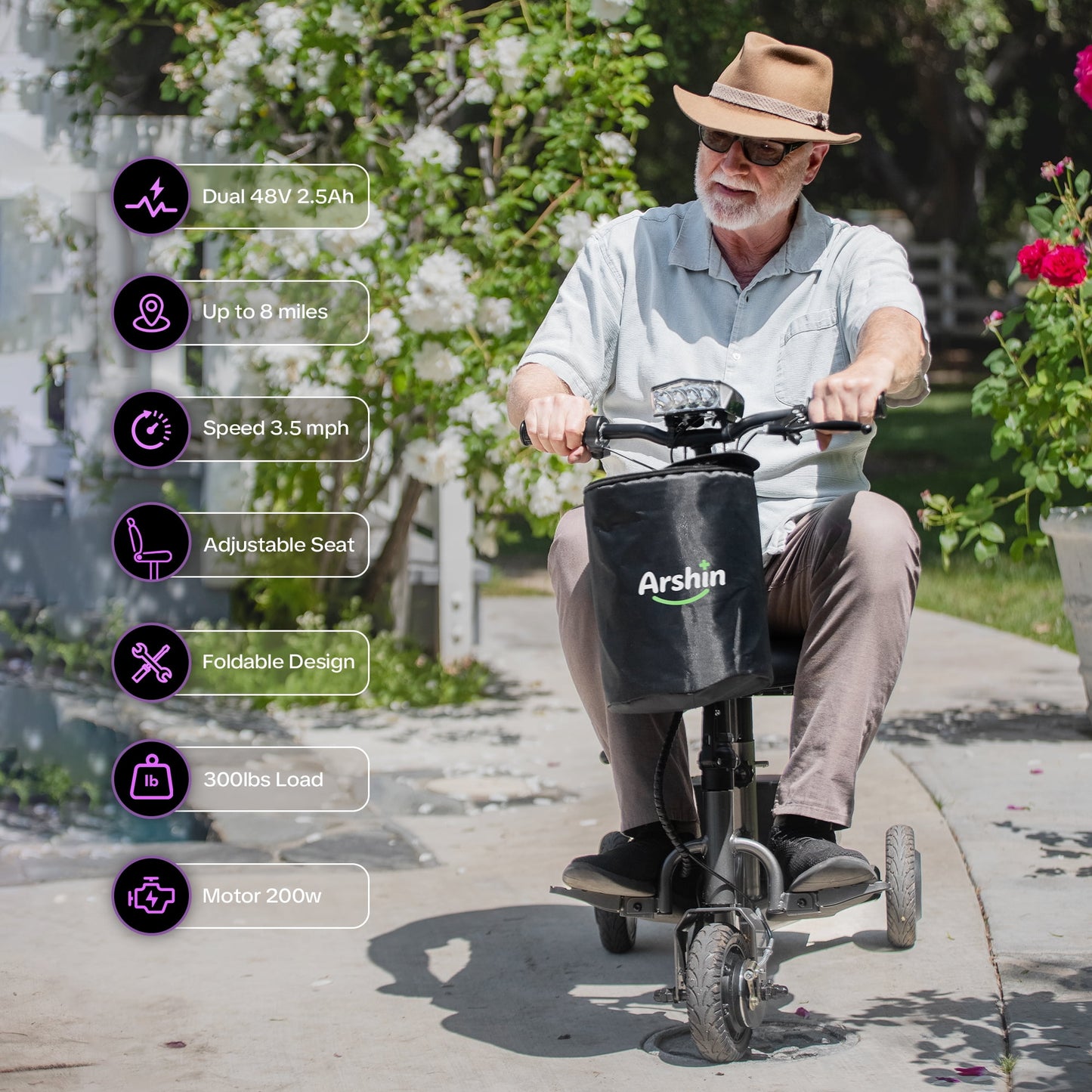 Upgrade Mobility Scooter Lightweight Foldable,All Terrain Mobility Scooters for Seniors & Adults,Arshin 300lbs Mobility Aids for Elderly,2 Batteries,Variable Speed(Gunmetal)