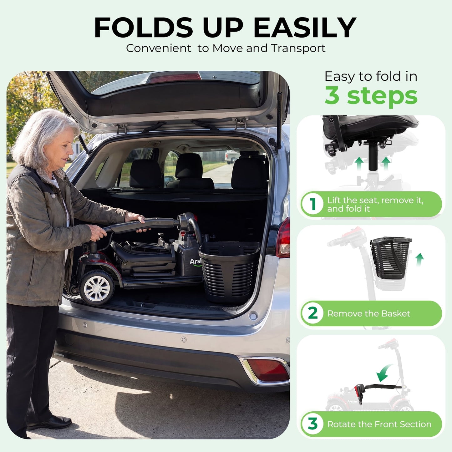 Arshin 4-Wheel Mobility Scooter for Seniors,Easy-to-Use,Foldable & Lightweight,300lbs,Red