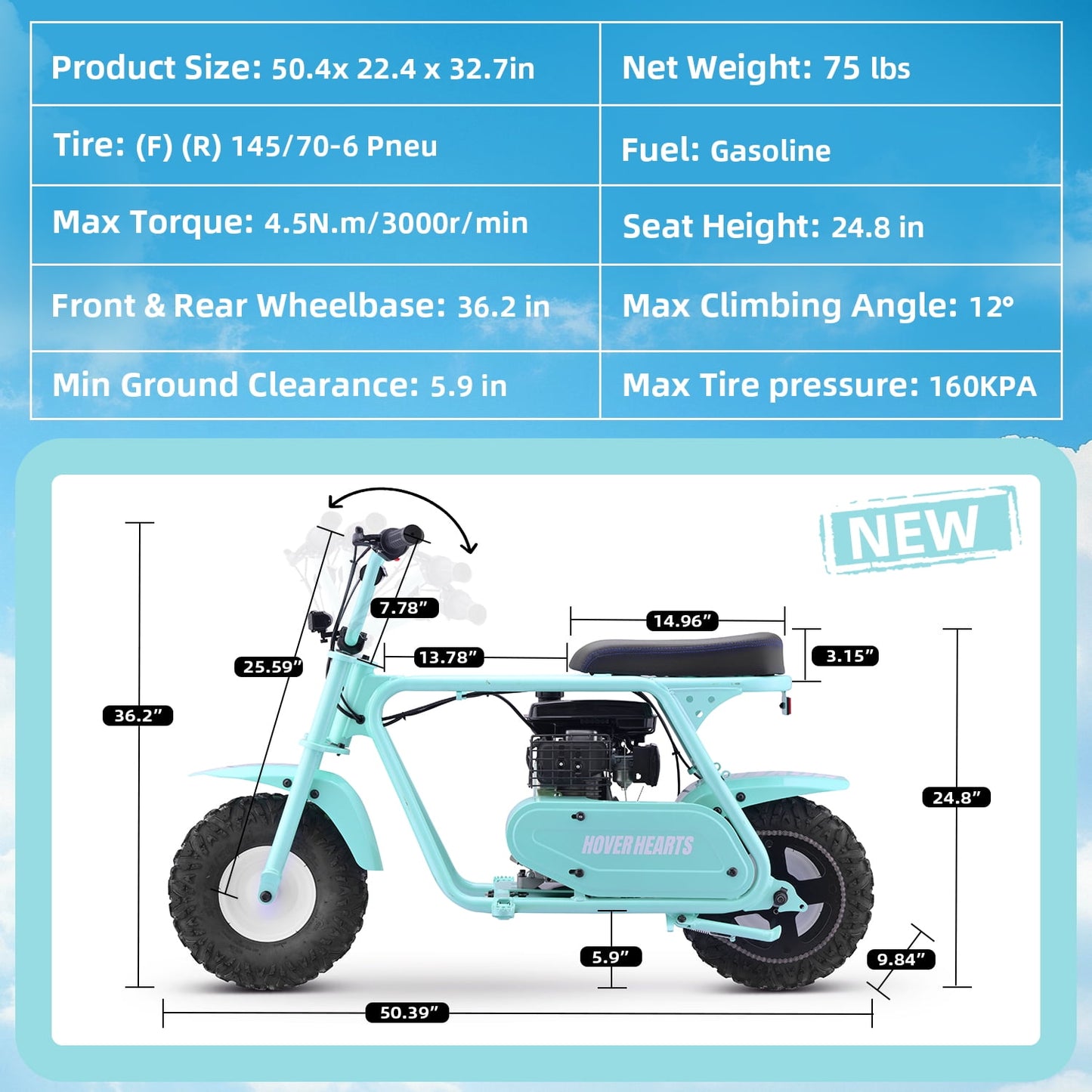 HOVERHEART Gas Mountain Bike, 105cc 4-Stroke Gas Powered Off Road Motorcycle (Model-MB0001) with Led Lights, Disc Brake, Max Load 200Lbs, Up to 30Kph, NO OIL MIX REQUIRED
