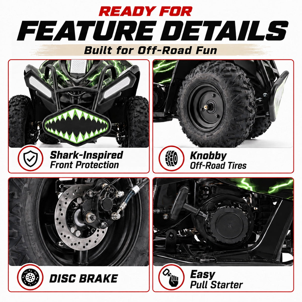 39cc Teen Gas ATV, Gas Powered 4 Wheeler for Teens 16+, 4-Stroke Beginner ATV, Up to 15 MPH, Adjustable Speed, Safety Switches, Front & Rear Brakes - Green