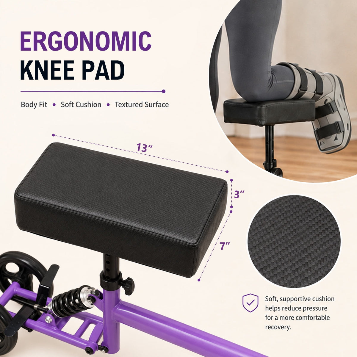 QEASET Knee Walker, Foldable Knee Scooter with Brake & Bag, Purple