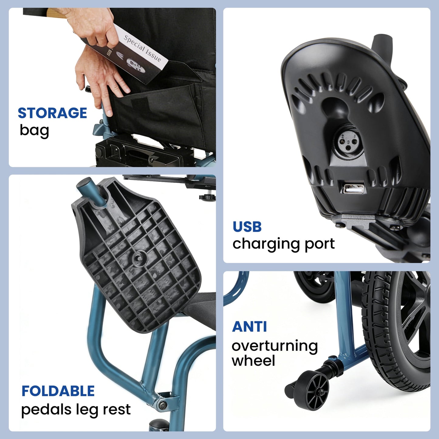 Electric Wheelchairs for Adults，Lightweight Foldable Wheelchair 15 Miles Long Travel Range, 360° Joystick Control Motorized Wheelchair, Support 286 lbs with LED Light Power Wheelchair (Blue)