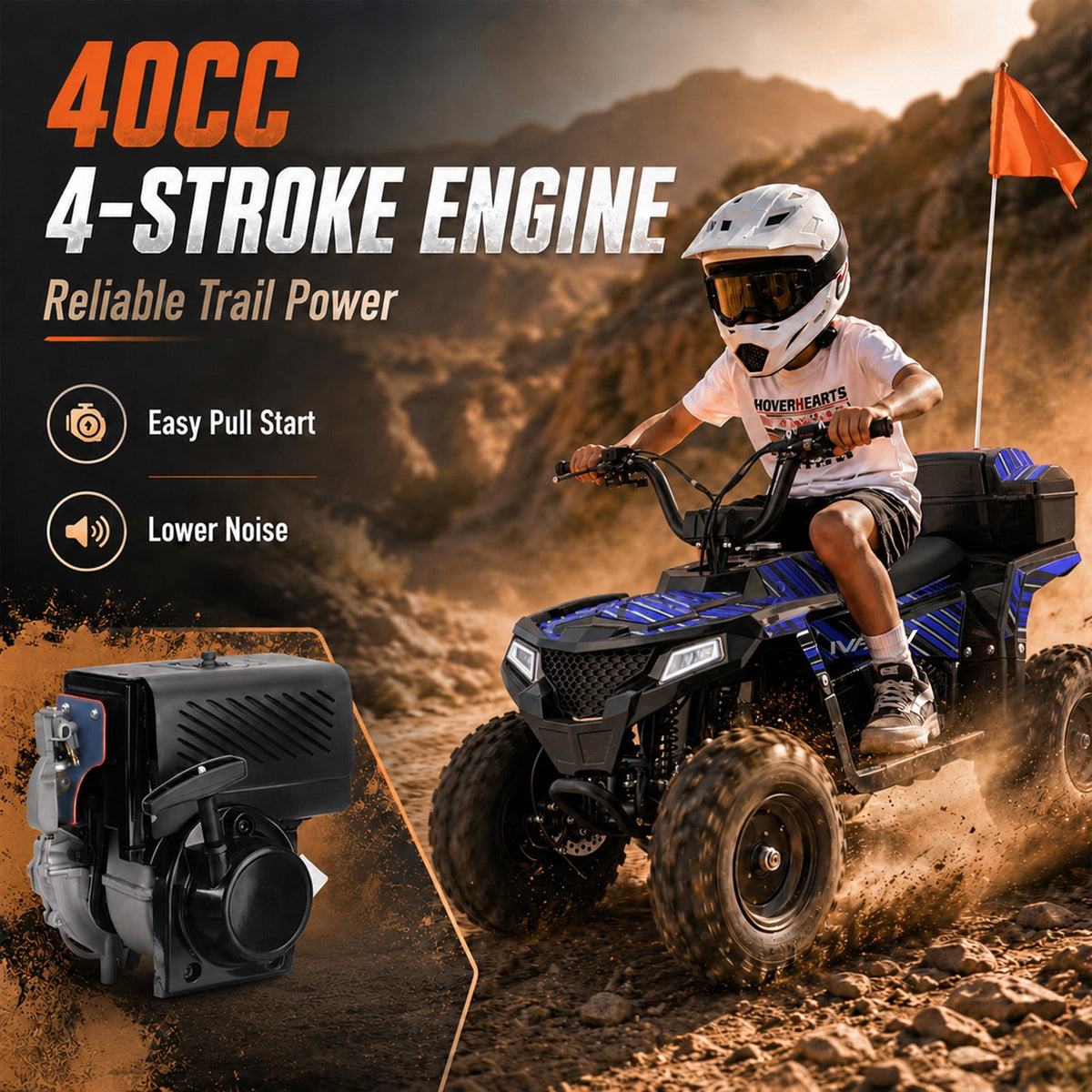 IVFJFV 40cc 4-Stroke 4-Wheeler,Dual-Speed Off-Road Car Gas Four-Wheeler,Gas Powered 4 Wheel with Key Lock & Parent Limited Speed 10-15MPH & Dual Shocks & All-terrain Tire,Chain Drive,Blue