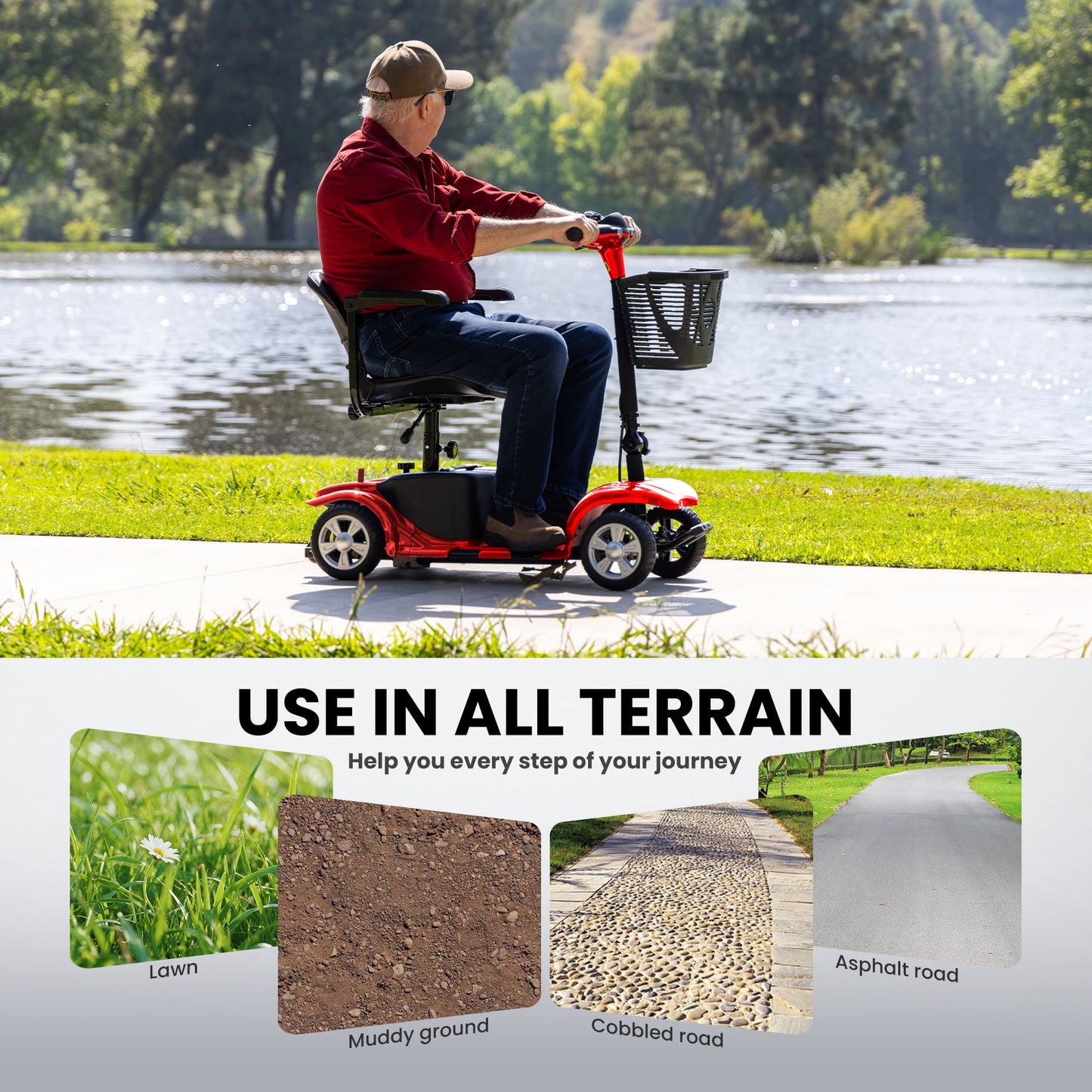 Arshin 4 Wheels Mobility Scooter with USB Port for Seniors,Electric Folding Wheelchair Device for Travel(Red)
