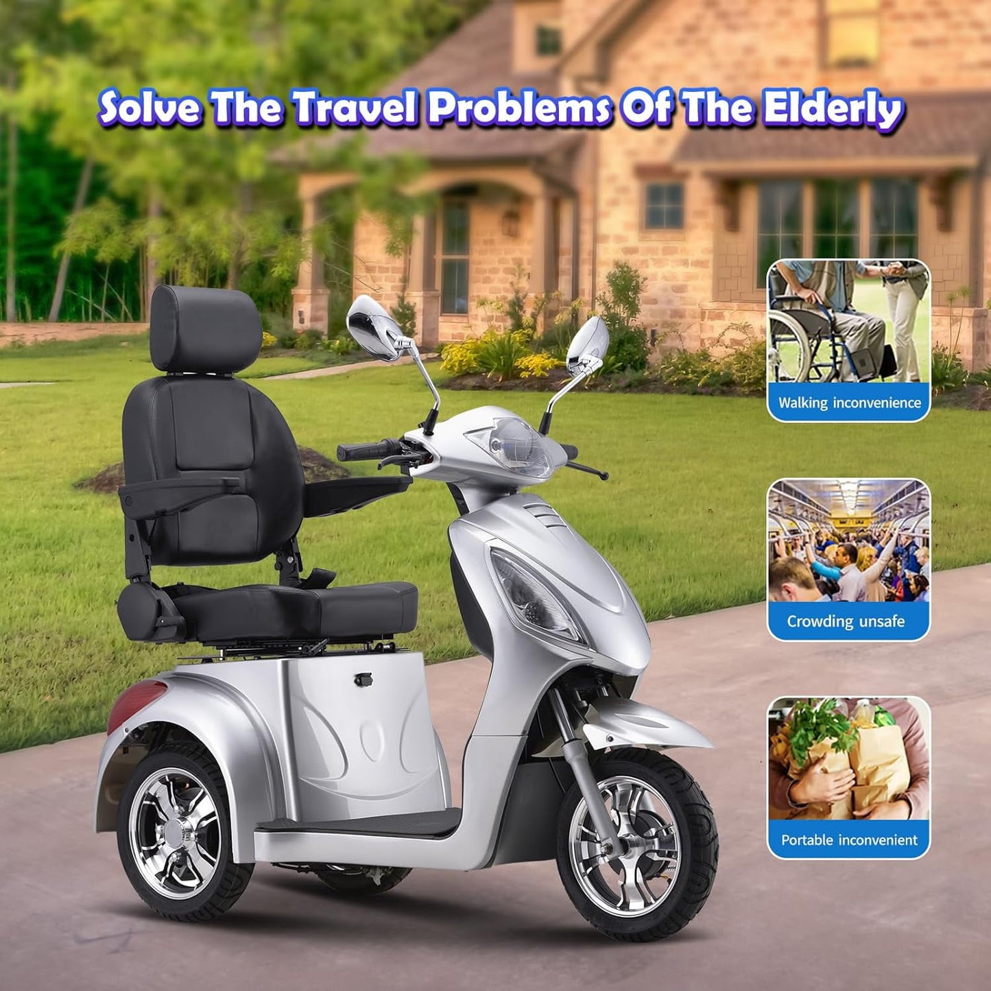 Super Large Electric 3 Wheel Mobility Scooters, Heavy Duty 800W Wheelchair Device, 500 LBS Capacity for Seniors & Adults, Speed Adjust, Remote Key, Receive Ready to Ride.（Sliver）
