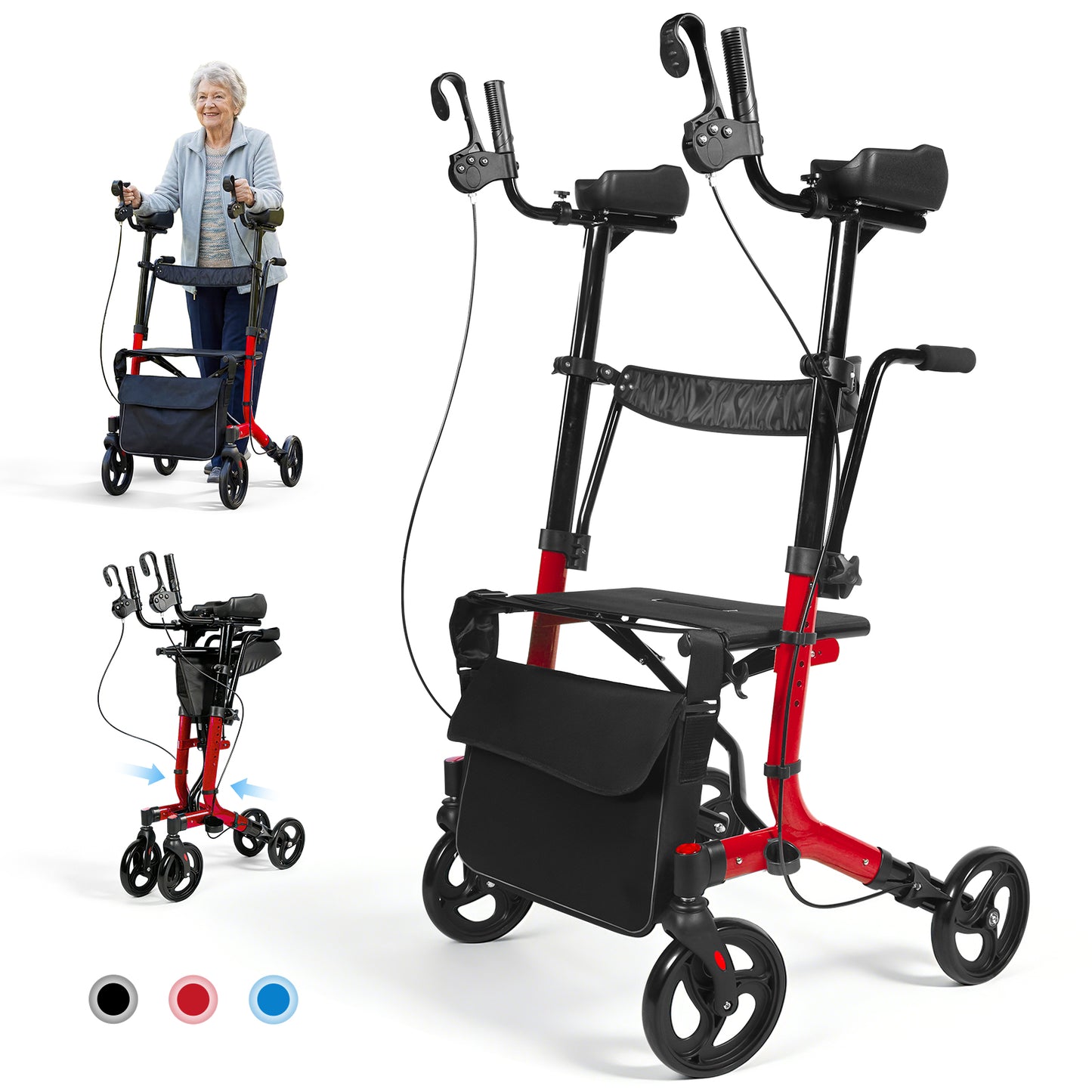 LiltJan 2-in-1 Upright Rollator Walker for Seniors - Lightweight Foldable Walker with Seat & Adjustable Arm Supports, Standing & Seated Transport Chair, 300 lbs Capacity