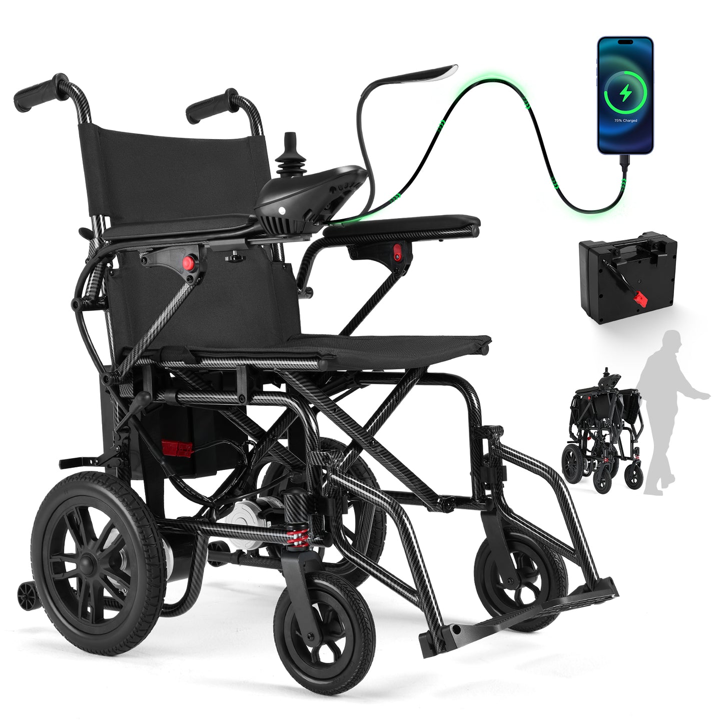 Electric Wheelchair for Adults - Lightweight Foldable Motorized Wheelchair with 15-Mile Long Range, 360° Joystick Control & All-Terrain Power, Supports 286 lbs, LED Safety Lights, Portable for Travel