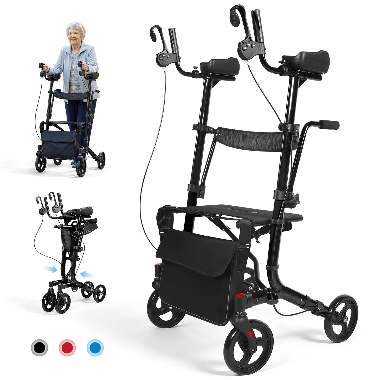 LiltJan 2-in-1 Upright Rollator Walker for Seniors - Lightweight Foldable Walker with Seat & Adjustable Arm Supports, Standing & Seated Transport Chair, 300 lbs Capacity