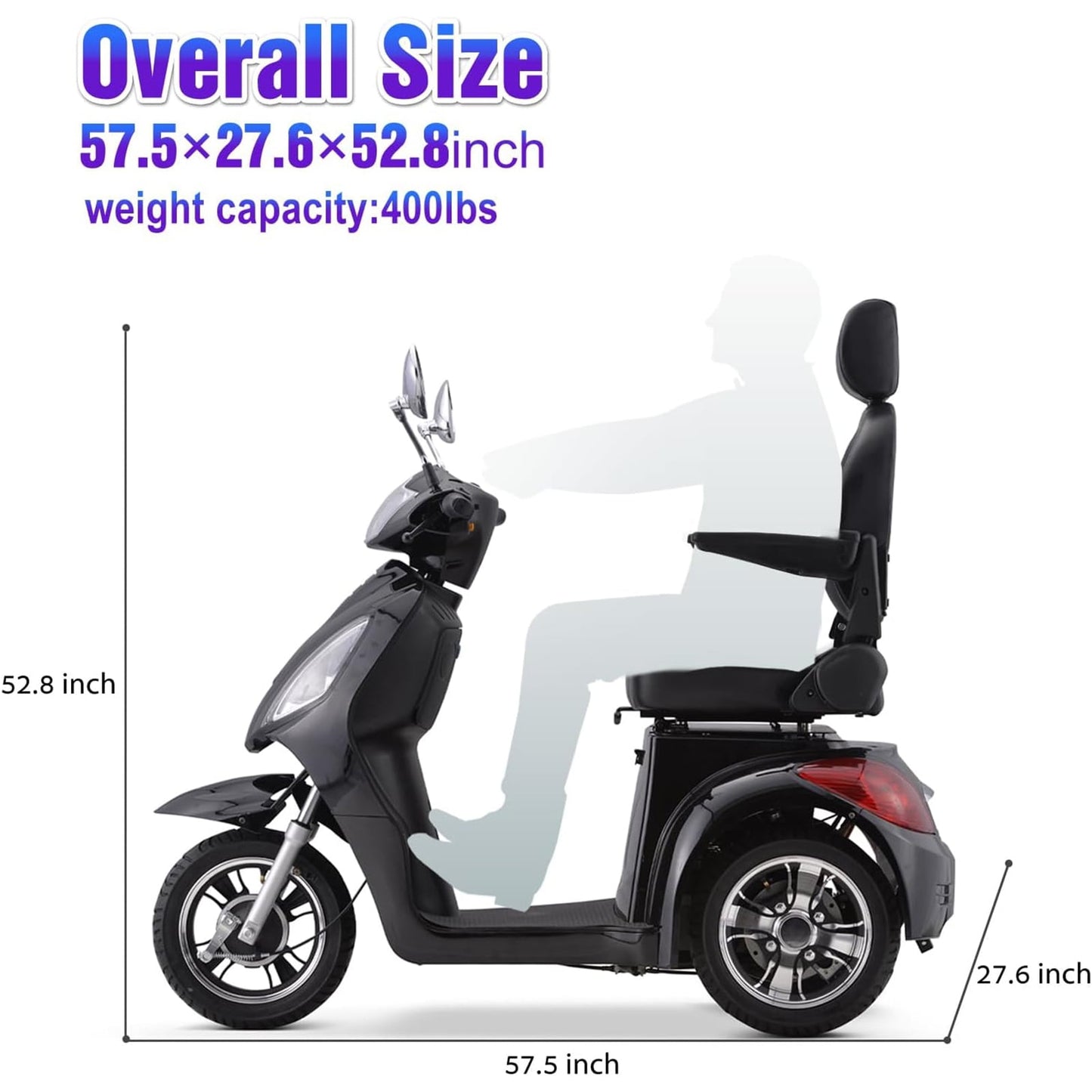 LiltJan 3-Wheel Electric Mobility Scooter for Seniors, 500lb Heavy Duty Capacity Power Scooter, 800W Motorized Medical Scooter with 31-Mile Long Battery Life