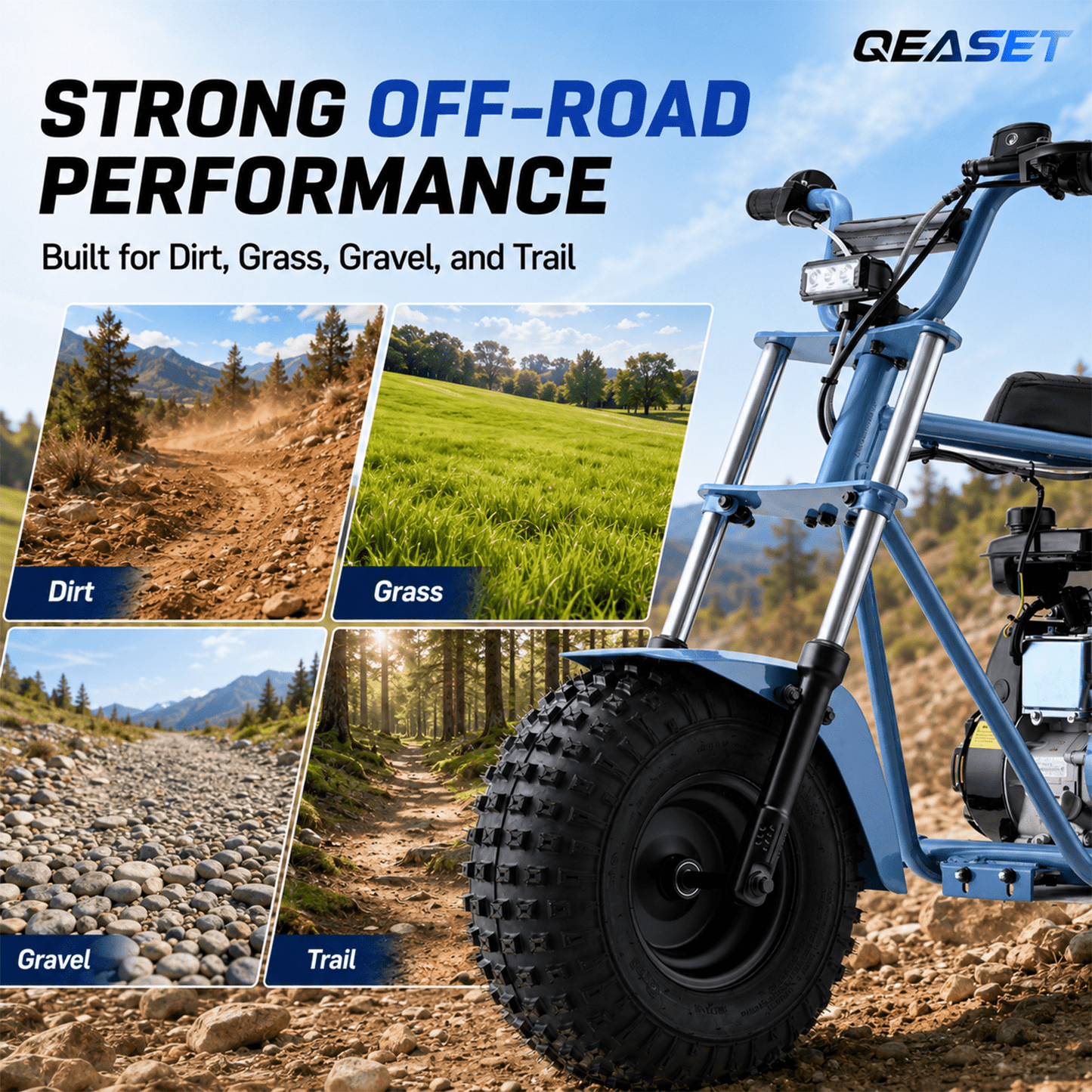 QEASET 105CC 4-Stroke Mini Bike with Shock Absorption, Off-Road Motorcycle, Blue