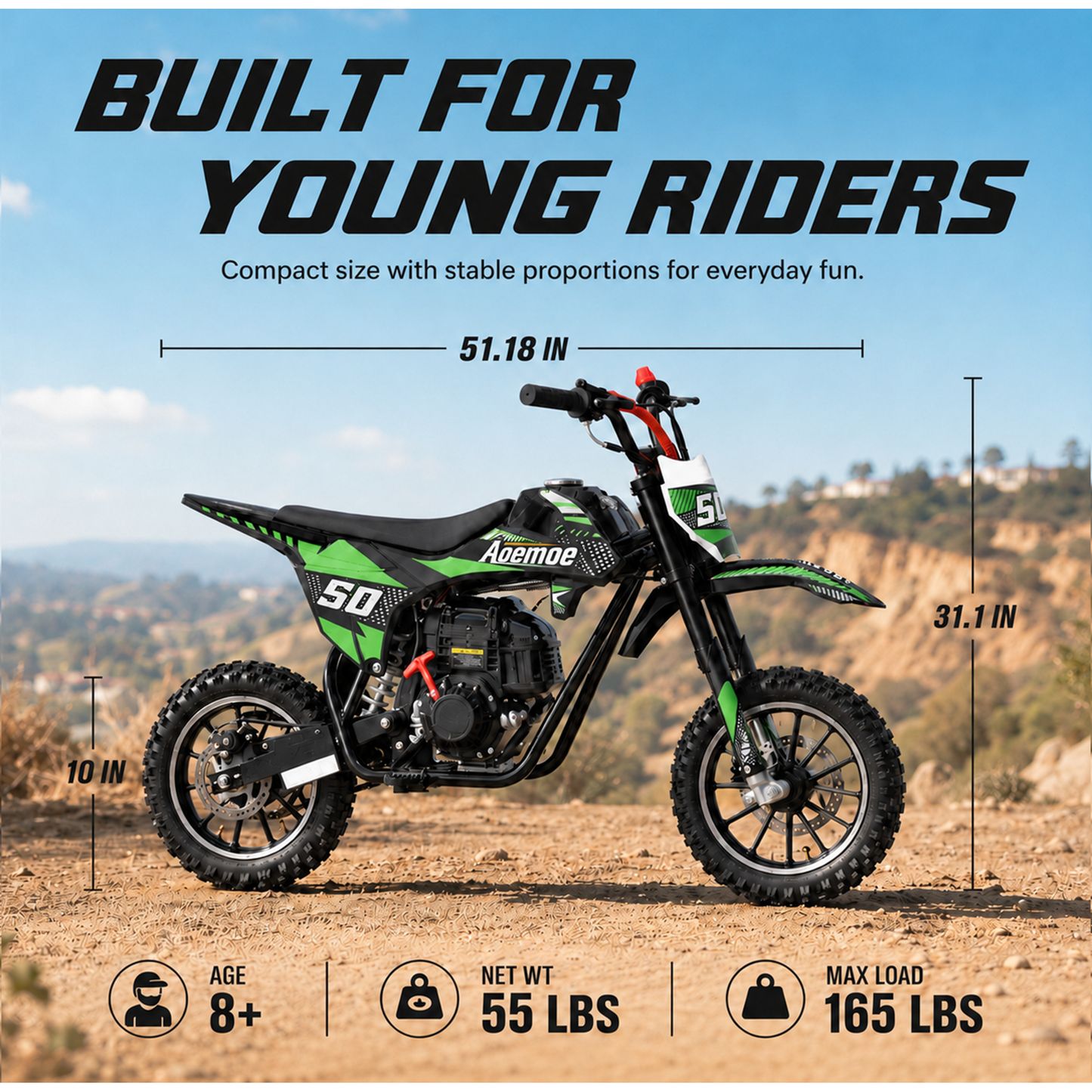 Aoemoe 39cc motor bike, 20mph gas dirt bikes for boys 8 12, Disc Brakes, Max Load 165Lbs, kids dirt bike, Green