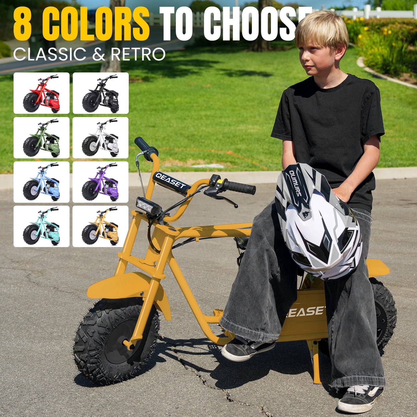 QEASET 99cc Mini Bike Gas Powered, 4-Stroke with LED Headlight, Yellow