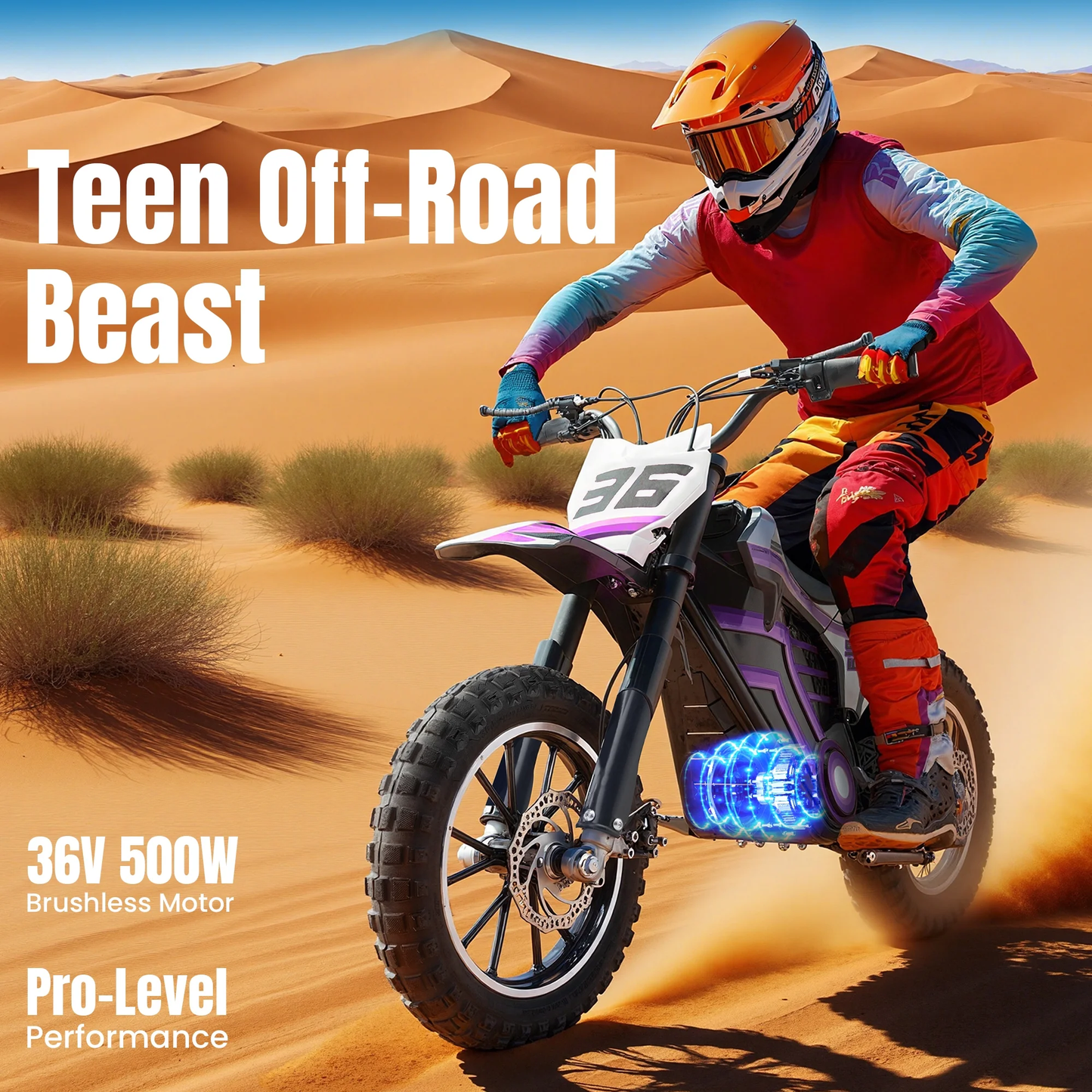 QEASET Motorcycle, Motorized Dirt Bikes for kids 8-14, 36V 500W – 15.5 MPH Top Speed, Dual Suspension, Purple