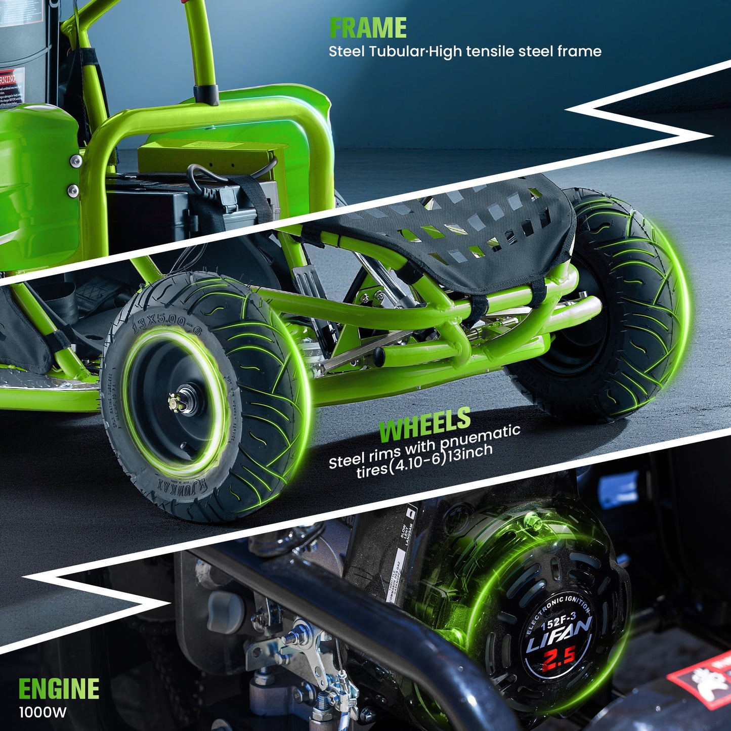 Arshin Electric Ride-On Go-Kart for Teens,1000W 48V Motor,Max 20Mph with 3-Speed Parental Control(10/13/20Mph),4-Wheel Drive,13"Pneumatic Tires,for Ages 13+ and up to 120LBS(Green)