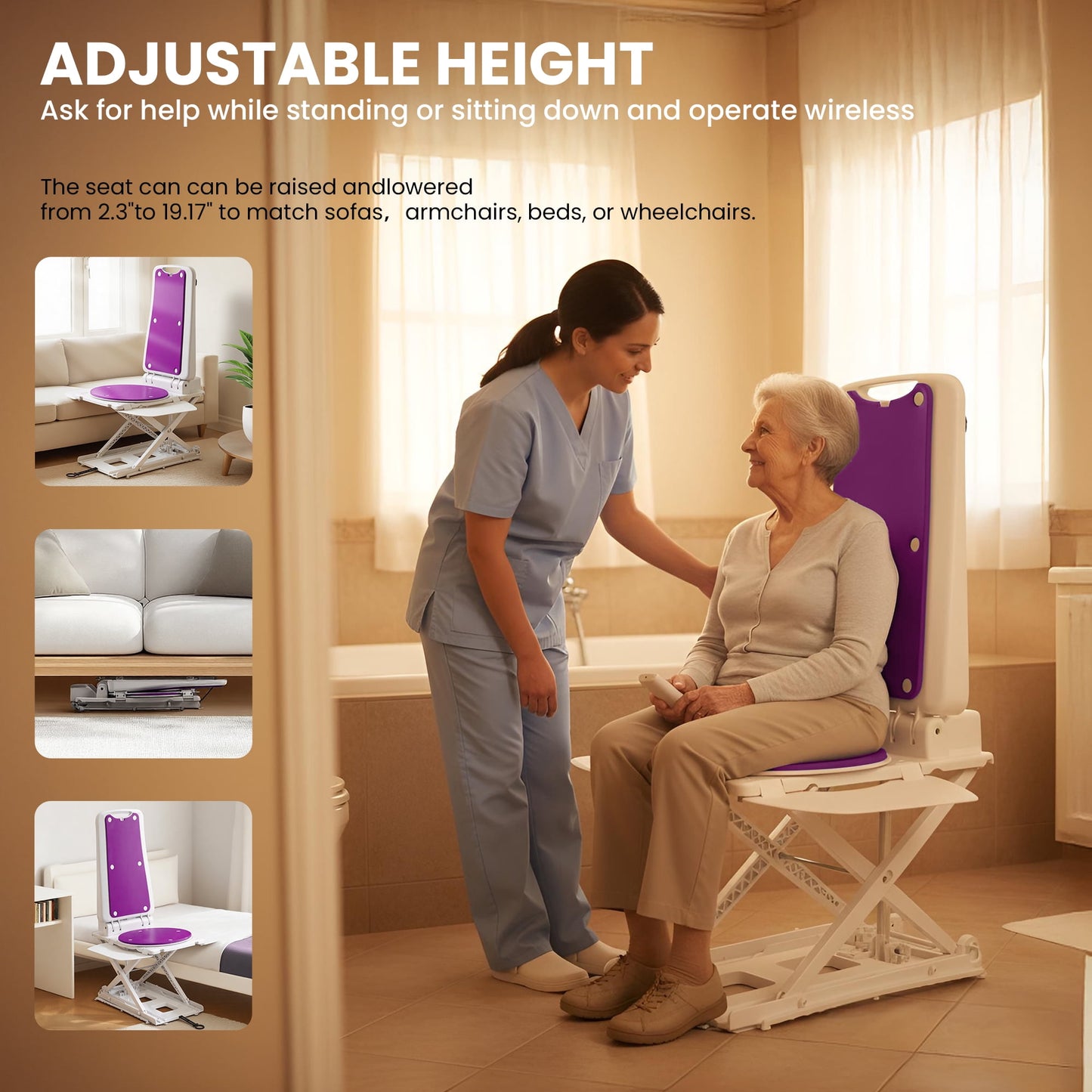 Arshin Electric Patient Lift with Remote Control & Shower Chair for Senior,Floor Lift for Elderly Fallen,360°Swivel,Heavy-Duty Plastic 308 lbs Capacity,24 lbs Net Weight,IPX8 Waterproof(Purple)