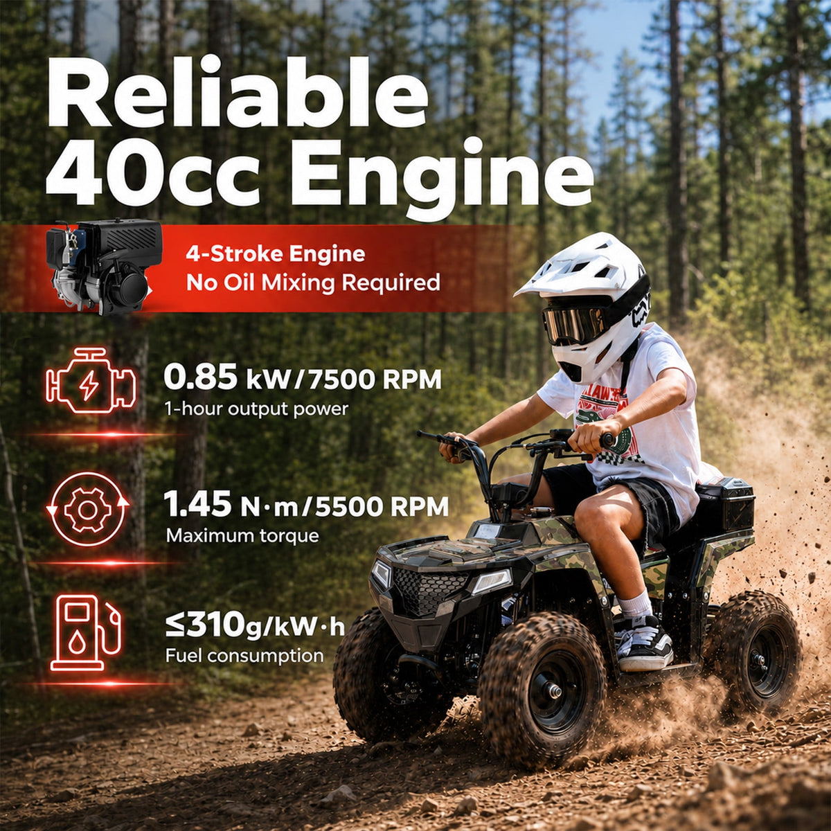 Aoemoe 40cc 4-Stroke Youth Ride-On for Ages 13+, Fuel Powered Pull Start with Front & Rear Disc Brakes, Adjustable Top Speed Up to 15 MPH, Safety Flag & Parental Speed Control, Green Camo