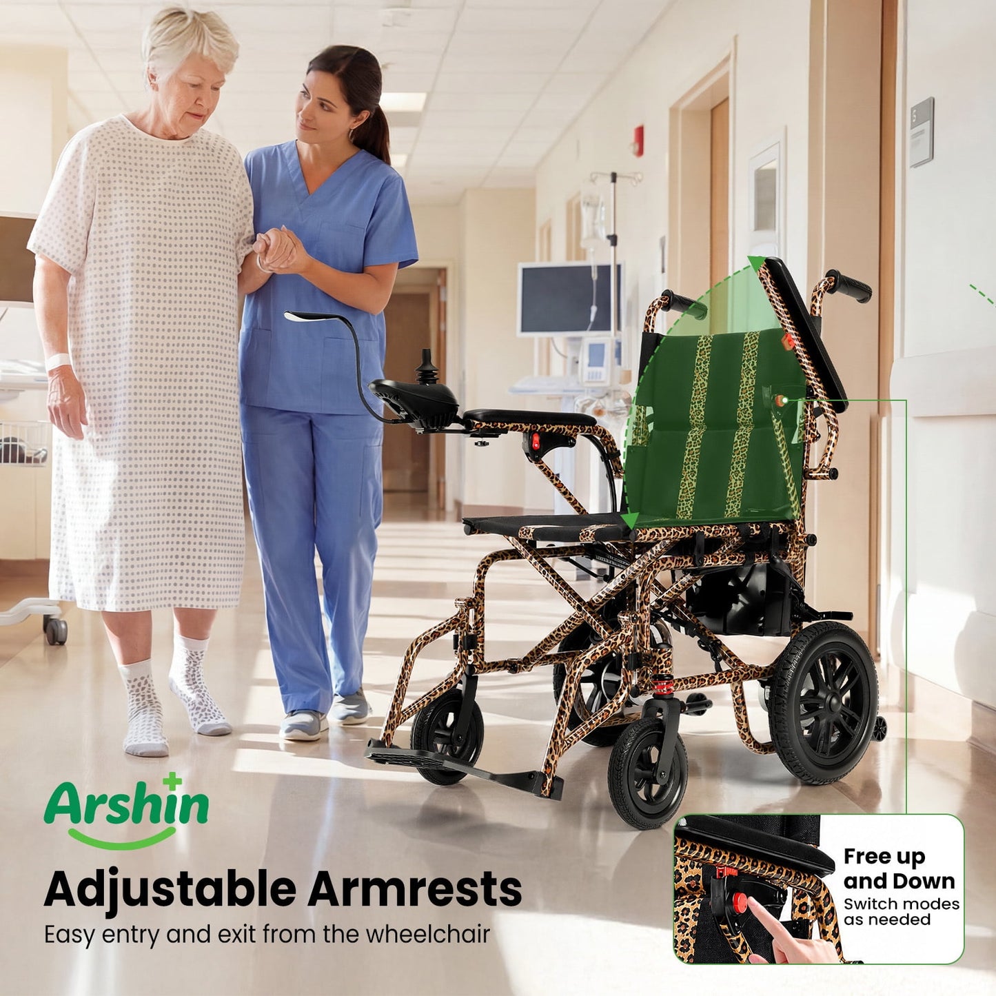 Arshin Electric Wheelchair Lightweight Foldable,20+ Miles Electric Wheelchairs for Adults,360°Joystick Motorized Wheelchair,286+ lbs Capacity,Leopard Brown