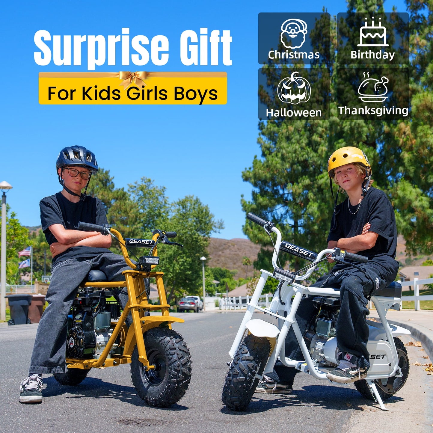 QEASET 99cc Mini Bike Gas Powered, 4-Stroke with LED Headlight, Yellow