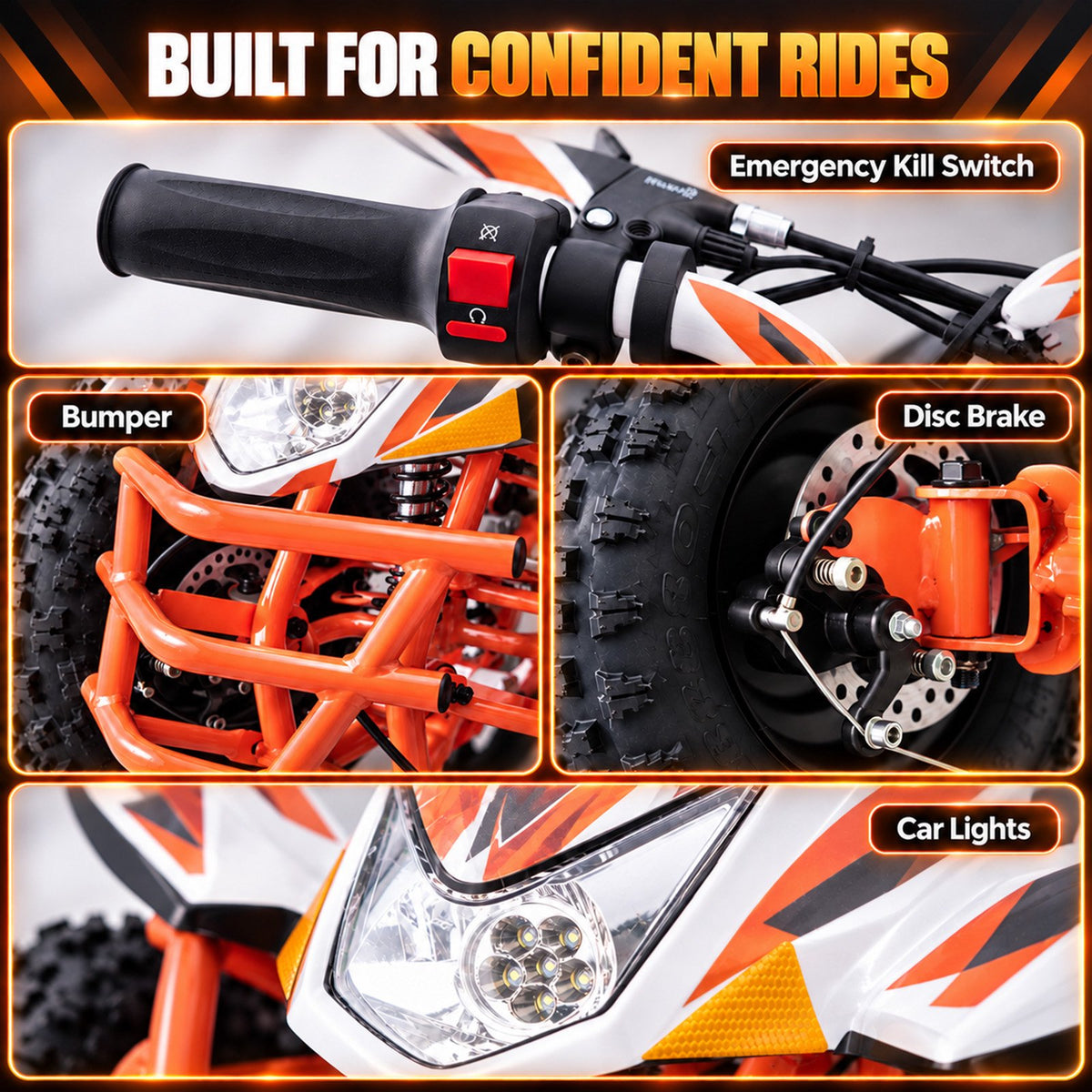 IVFJFV Powered 4 Wheeler,500W Electric 4 Wheeler with Dual Speed Adjustment,36V Four Wheeler Max 15 MPH, Front & Rear Shock Absorbers, All-Terrain Tires and Safety Disc Brake,ORANGE