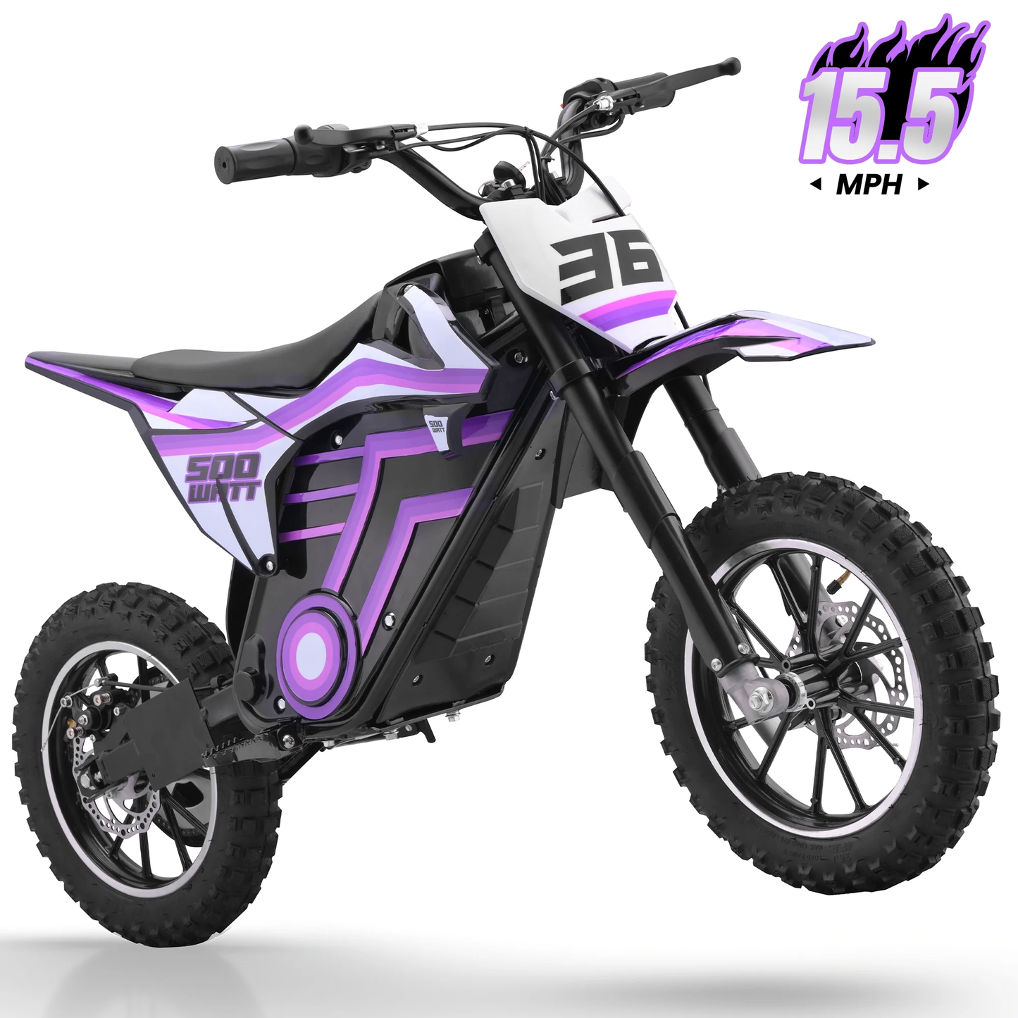 Aoemoe Motorcycle, Motorized Dirt Bikes for kids 8-14, 36V 500W – 15 MPH Top Speed, Dual Suspension, Purple