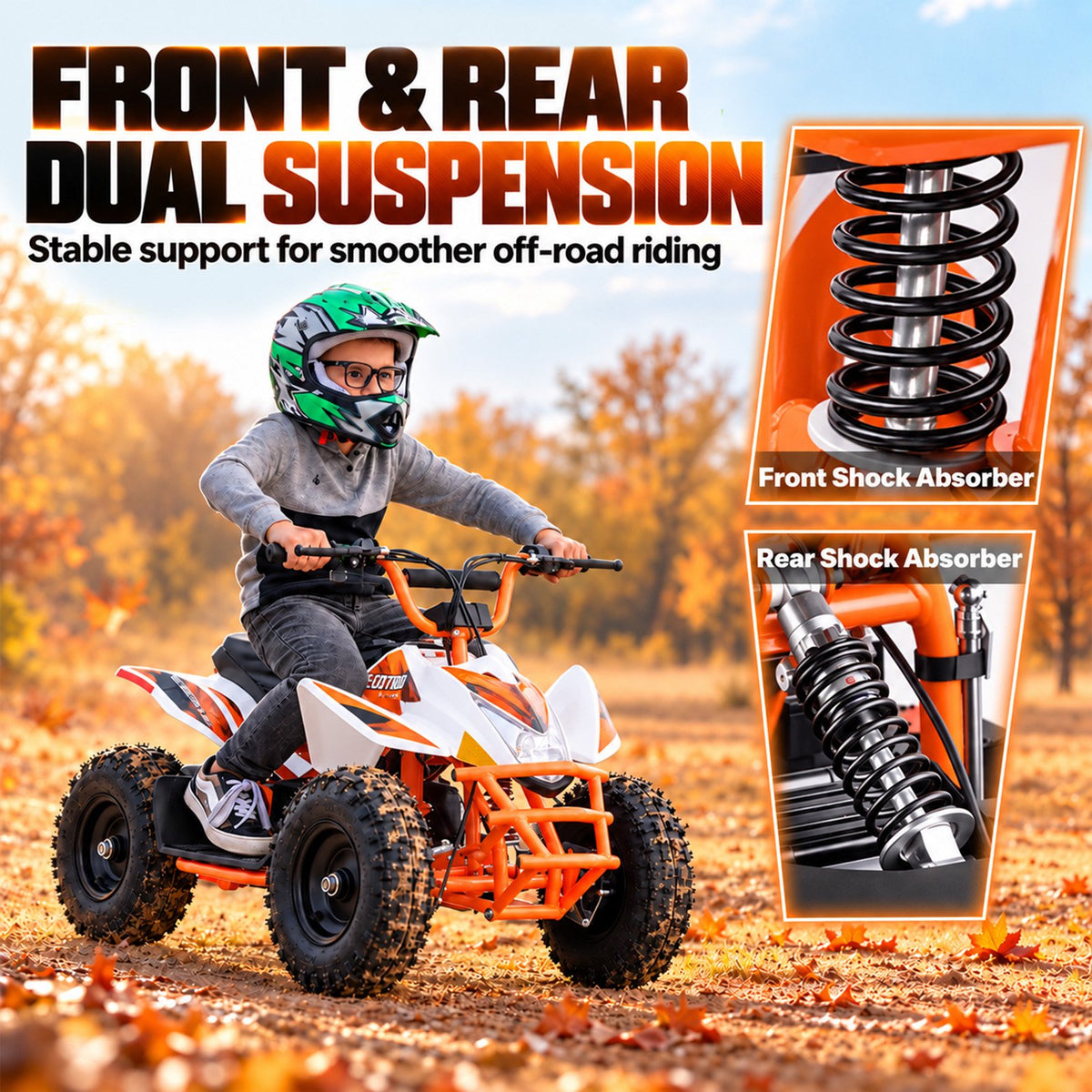 IVFJFV Powered 4 Wheeler,500W Electric 4 Wheeler with Dual Speed Adjustment,36V Four Wheeler Max 15 MPH, Front & Rear Shock Absorbers, All-Terrain Tires and Safety Disc Brake,ORANGE