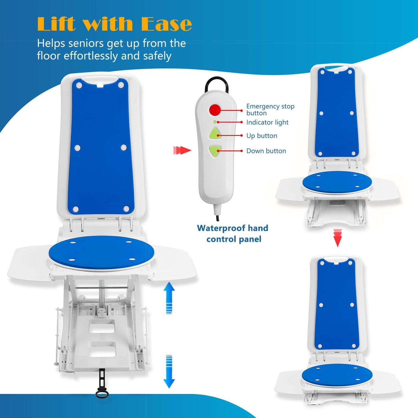 Aoemoe Electric Bath Lift Chair with Backrest and EVA Padding, Adjustable Height & Recline, Battery-Operated with Remote Control, IP68 Waterproof Floor Lift for the Elderly and Disabled, 308 lbs Capacity