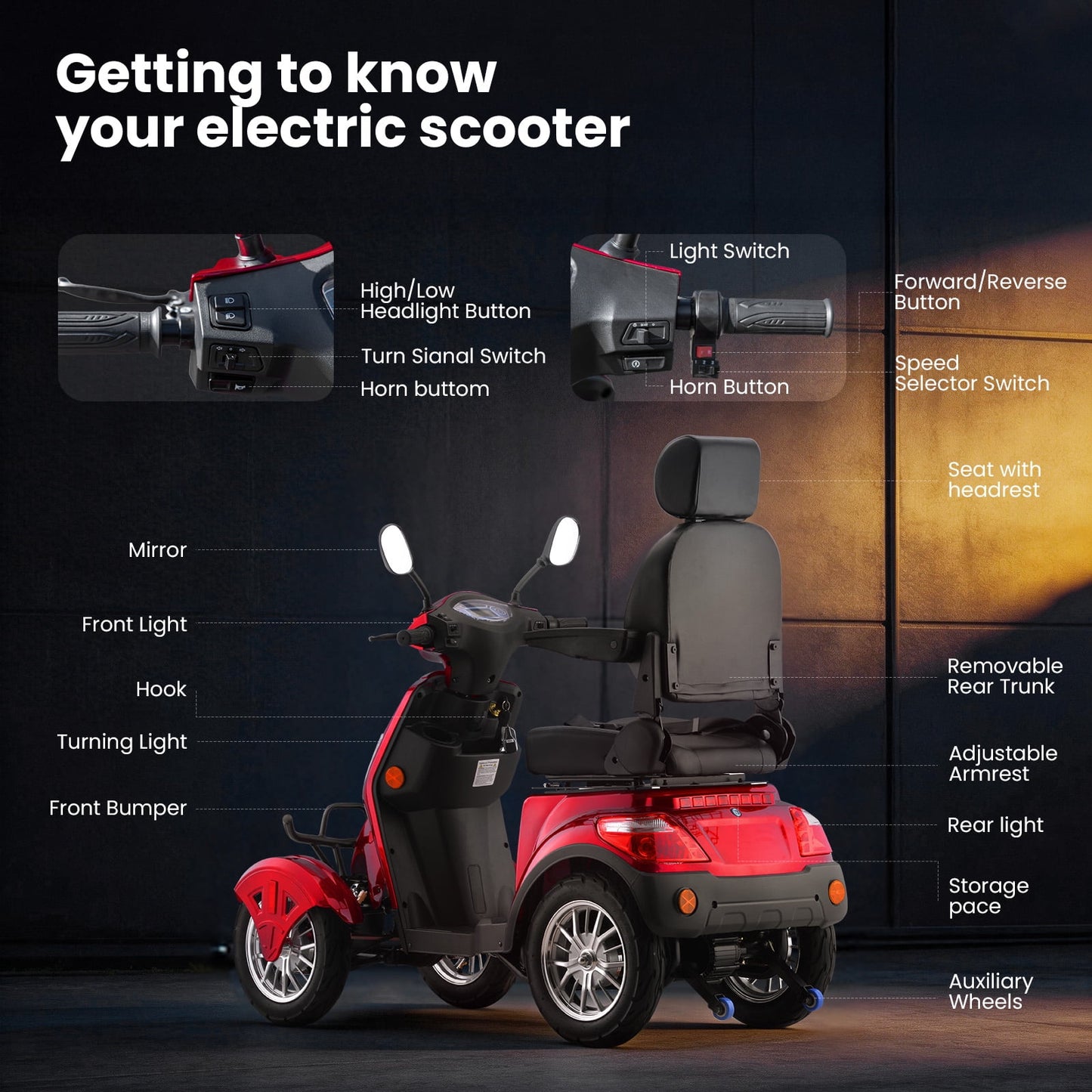Arshin Mobility Scooters for Seniors & Adults,500lbs Capacity Heavy Duty Electric Mobility Scooters with 4 Wheels,800W Long Range Battery and Speed Adjust Medical Scooter(Red)
