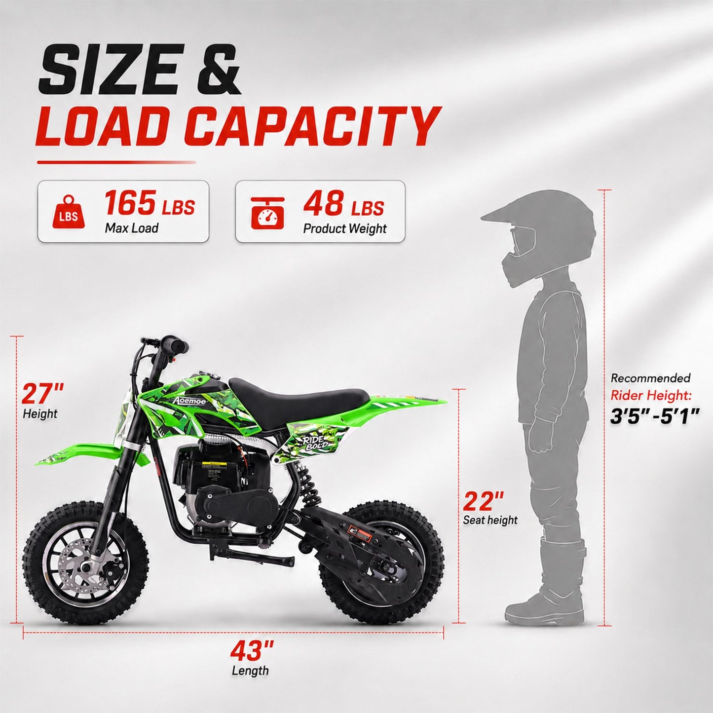 Aoemoe dirt bicycles, 39cc gas power motorcycle, 45×24×16in , 4-Stroke, dirt bicycles for kid 8 14, Green