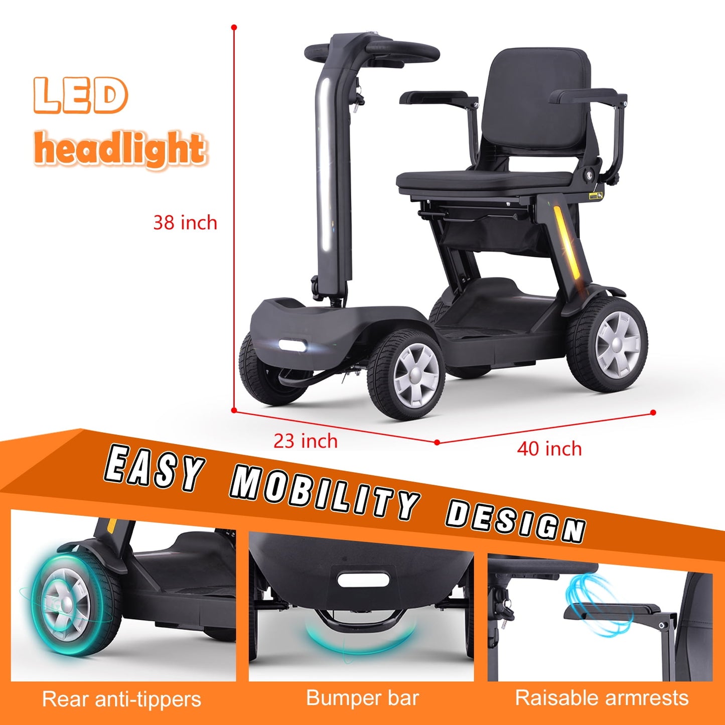 Ultra Lightweight 88lbs Mobility Scooter for Seniors,Arshin Foldable Electric Wheelchair,15 Miles Lithium Battery,300lbs Strong Device for Travel,Legroom for Big & Tall,Silver