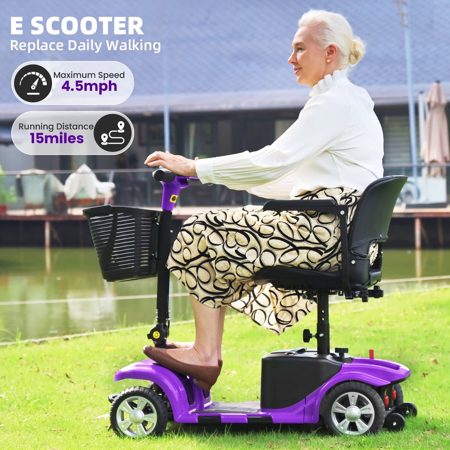 Arshin Mobility Scooters for Seniors,4 Wheels Outdoor Mobility Scooters Lightweight and Portable,180W 24V Electric Mobility Scooters with High-Power Motor,Suitable for Travel,Adults,Elderly(Purple)