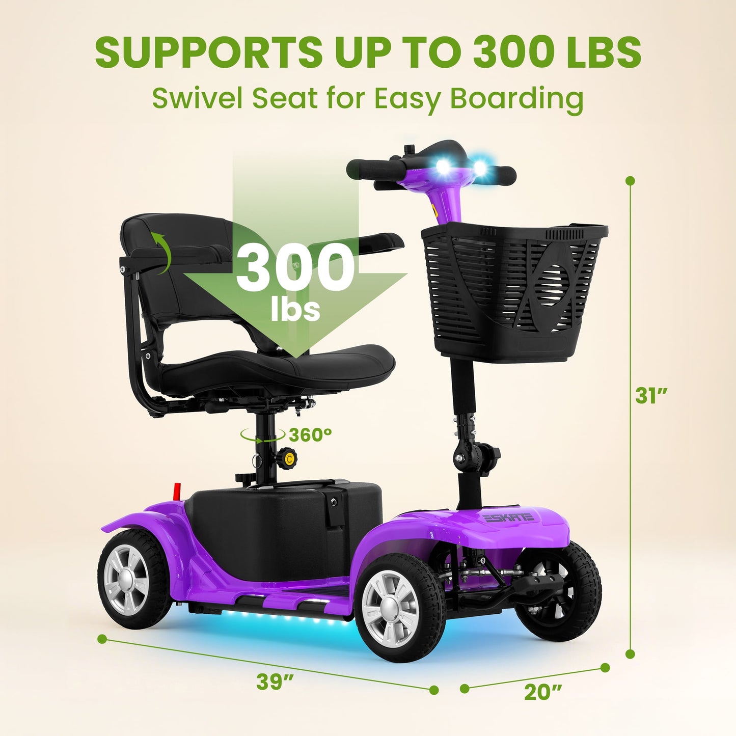 Mosta Adult, Senior Mobility Scooter, 4-wheel Electric Rechargeable Travel Device with LED Headlight and Basket, Including Charger,Purple