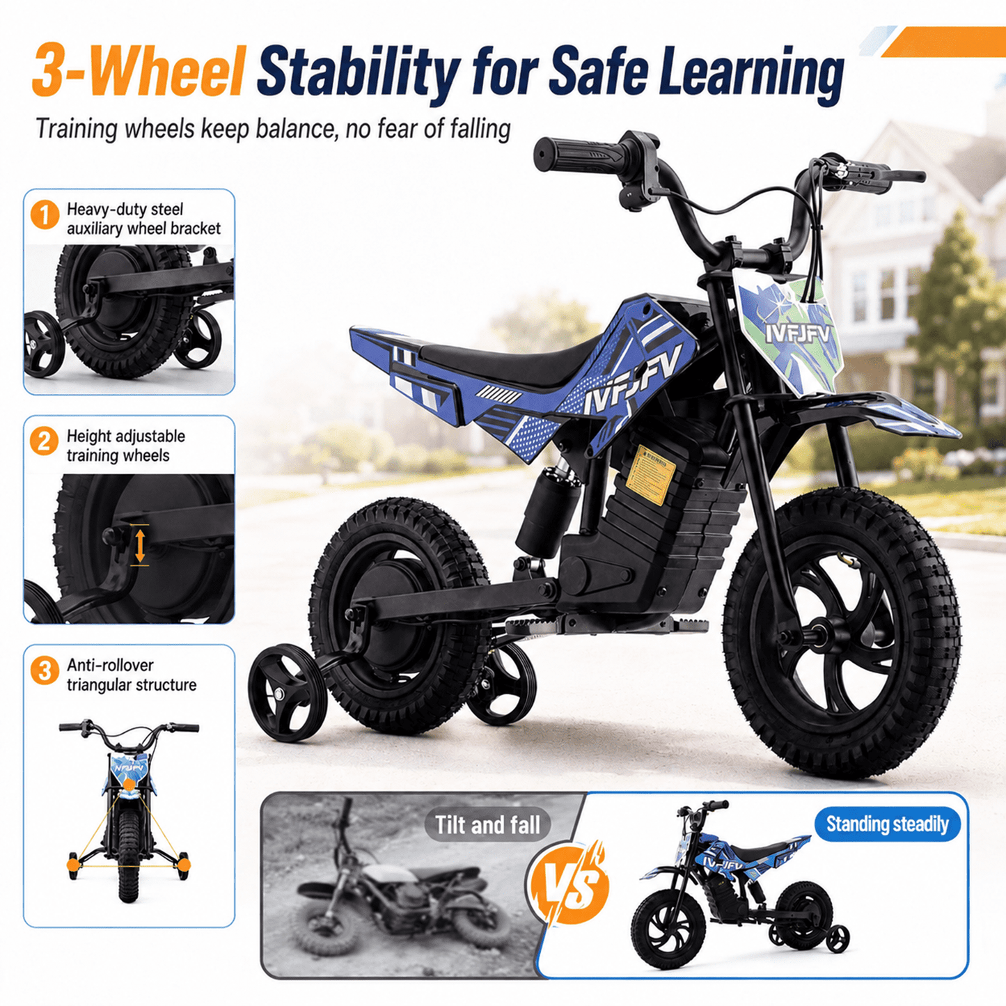 IVFJFV DZ06 Electric-Powered Dirt Bike,Motor Bike Rear-wheel drive with Removable Training Wheels,E Dirt Bike with 12.5" Tire & 120W Motor,6.2 Mph & 4.3 Miles,BLUE