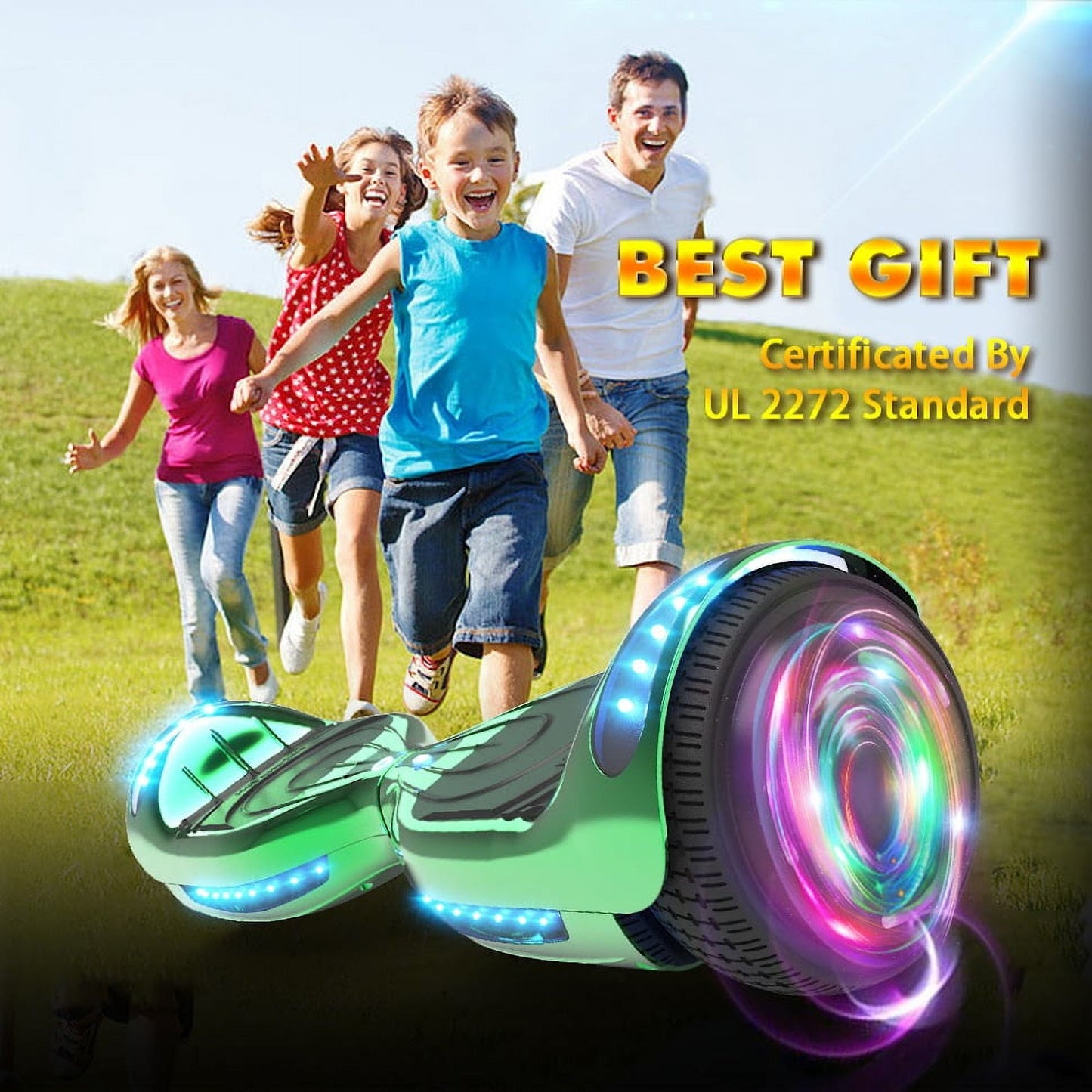 Flash Wheel Hoverboard 6.5" Bluetooth Speaker with LED Light Self Balancing Wheel Electric Scooter, Chrome Green
