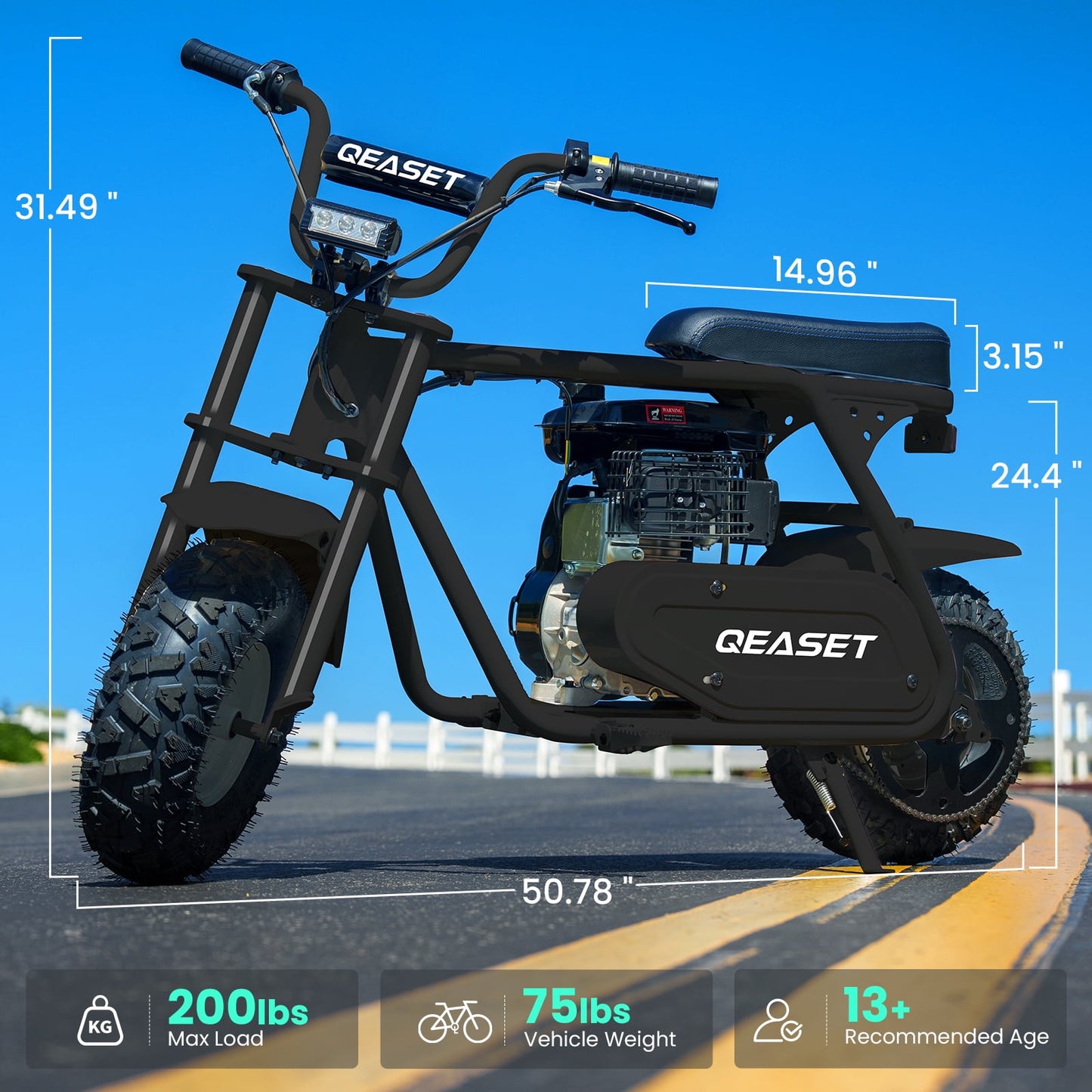 QEASET 99cc Mini Bike Gas Powered, 4-Stroke with LED Headlight, Black