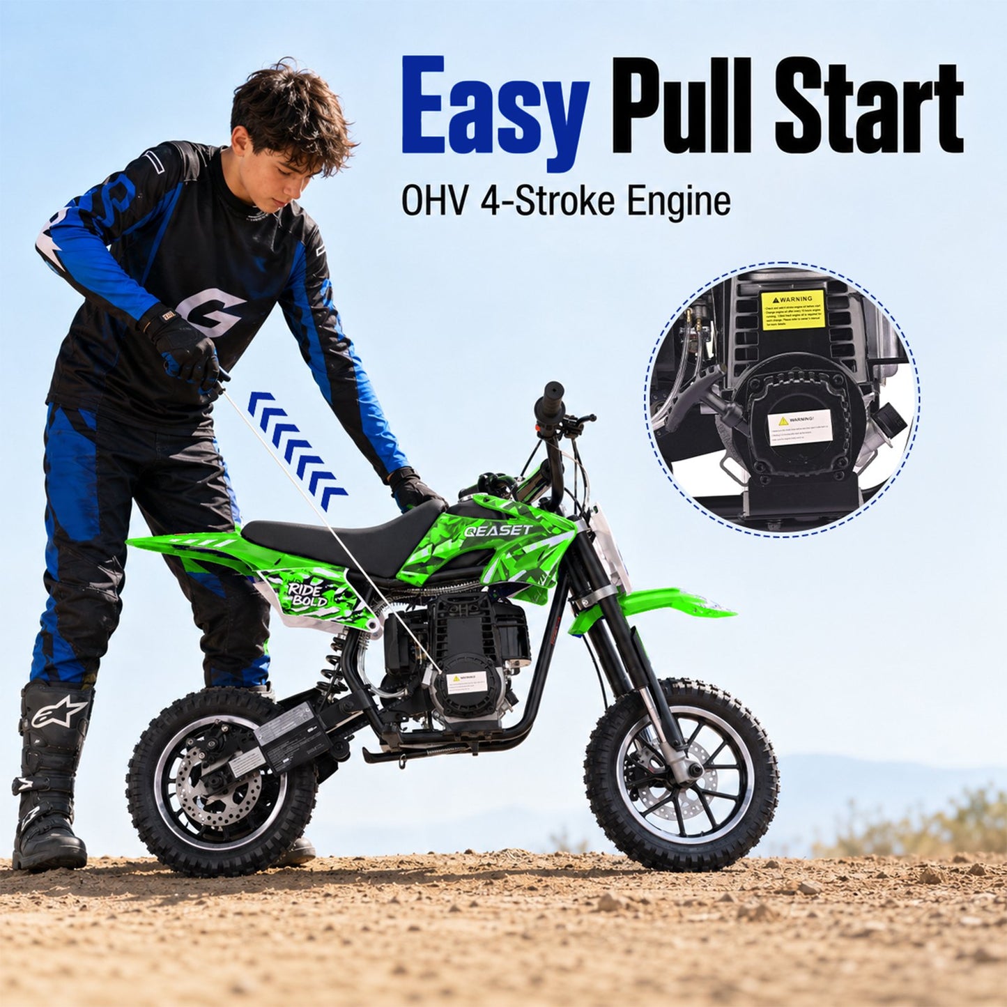 QEASET Mini Bicycles Ride-On Toy, 39cc 4-Stroke Gas Powered Off-Road Motorcycle with Rear Suspension & Disc Brakes, 18 MPH Top Speed, Supports Up to 165 lbs, Green