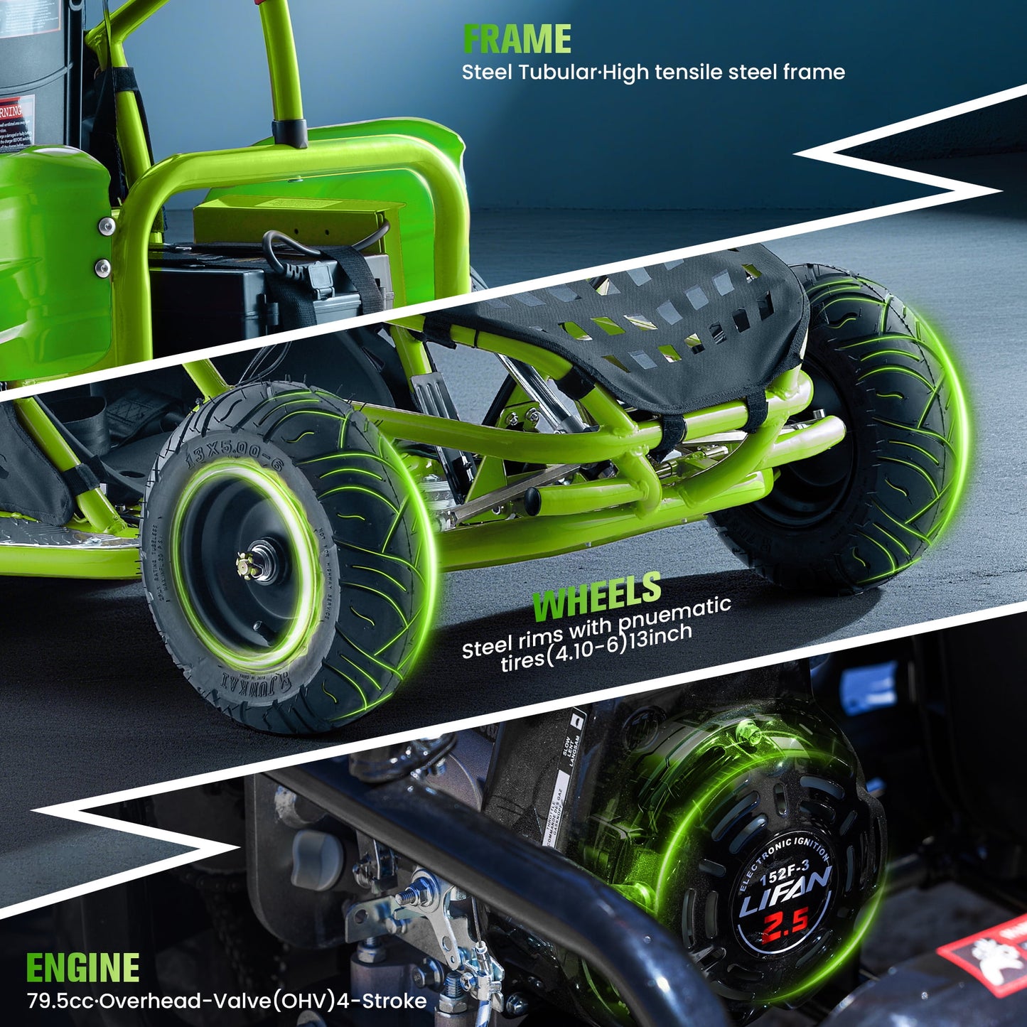 QEASET 48V Electric Go-Kart 1000W Brushless Motor, 20mph Max, 13" All-Terrain Tires, High-Tensile Steel Frame, 4-Point Seat Belt, 3-Speed Control, Hydraulic Disc Brake,Green